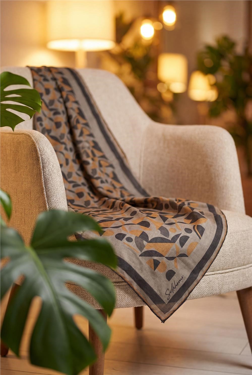 Pamuk Karışımlı Eşarp Haki Retro Geometrik Desenli Soft Dokulu Kaymaz 90x90