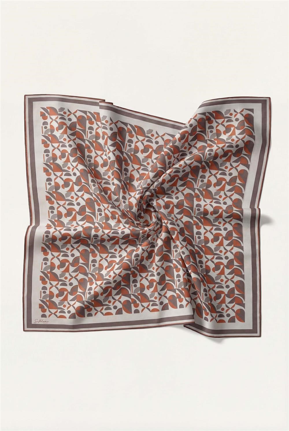 Pamuk Karışımlı Eşarp Krem Retro Geometrik Desenli Soft Dokulu Kaymaz 90x90