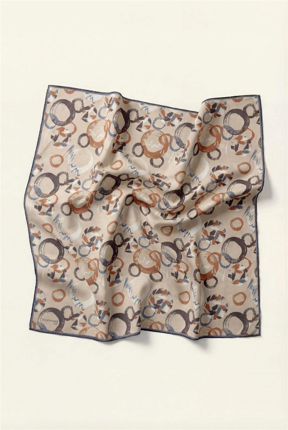 Pamuk Karışımlı Eşarp Krem Retro Soyut Geometrik Desenli Soft Dokulu Kaymaz 90x90