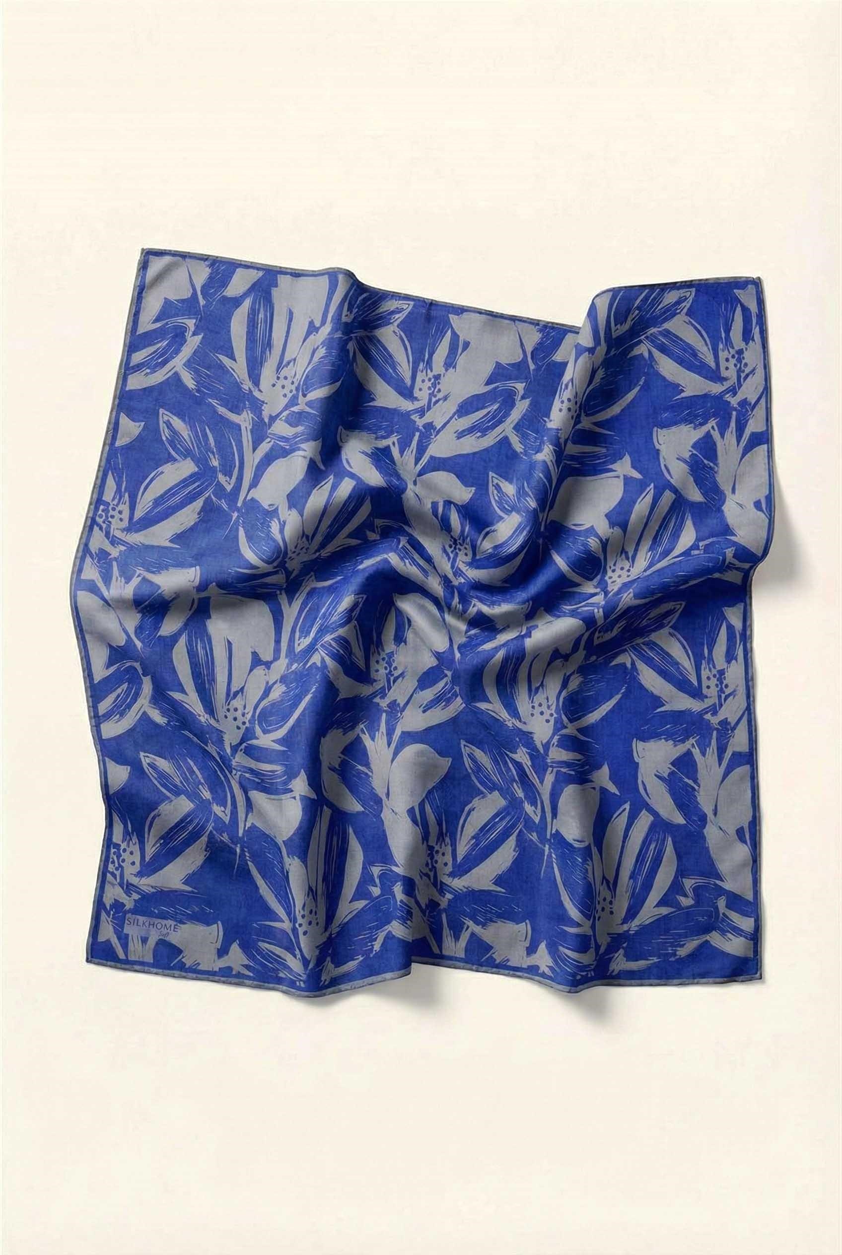 Pamuk Karışımlı Eşarp Mavi Gri Modern Flora Desen Soft Dokulu Kaymaz 90X90