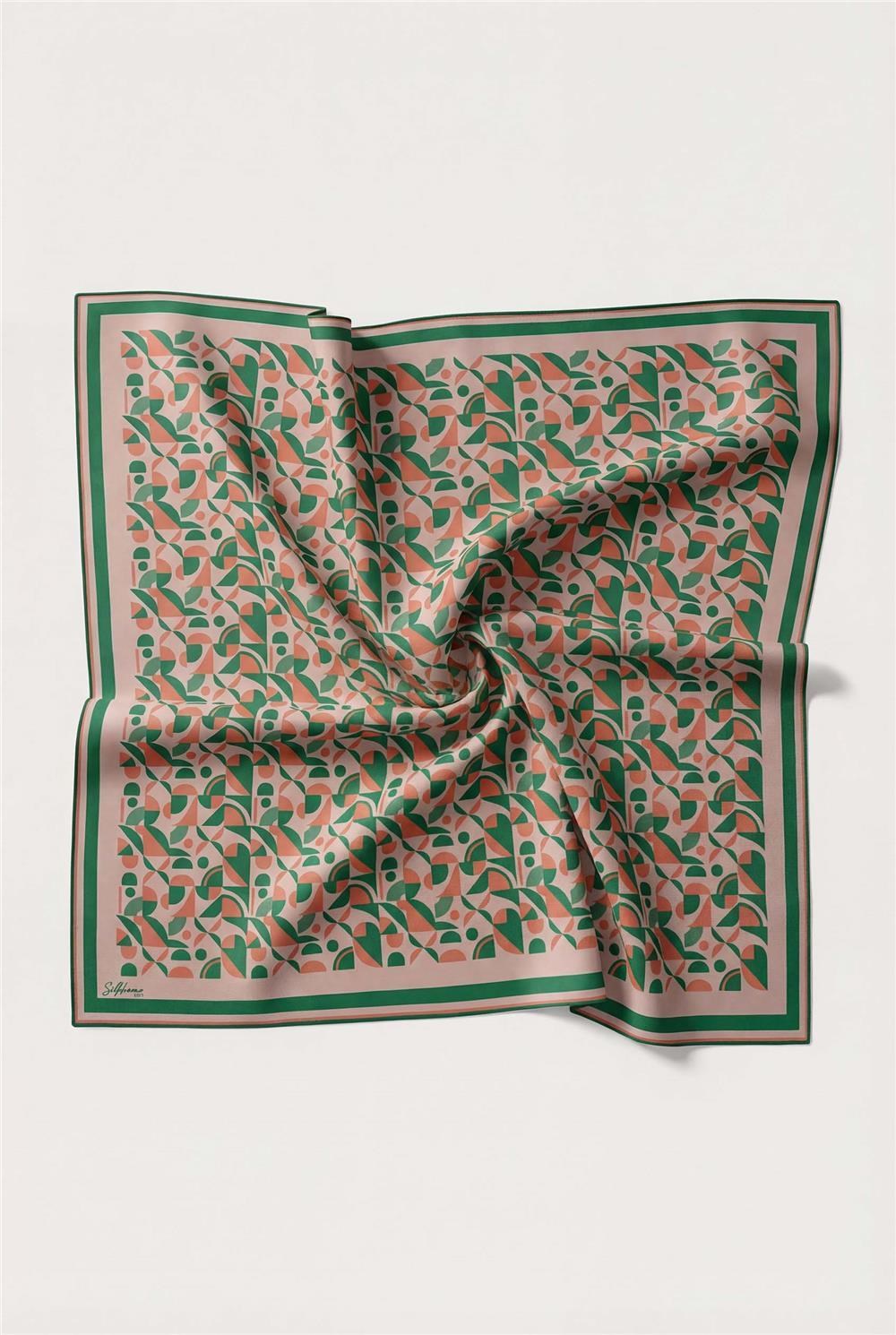 Pamuk Karışımlı Eşarp Pudra Retro Geometrik Desenli Soft Dokulu Kaymaz 90x90