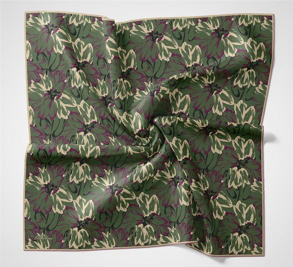 Pamuk Polyester Eşarp Çimen Yeşili-Fuşya Bej Siyah Botanik Desenli Soft Dokulu Tok Duruşlu 90x90