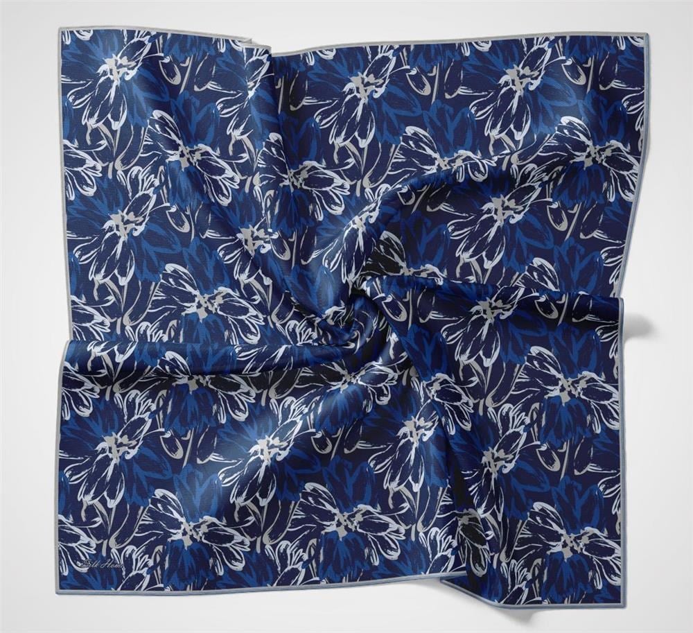 Pamuk Polyester Eşarp Gece Mavisi-Beyaz Saks Taş Botanik Desenli Soft Dokulu Tok Duruşlu 90x90