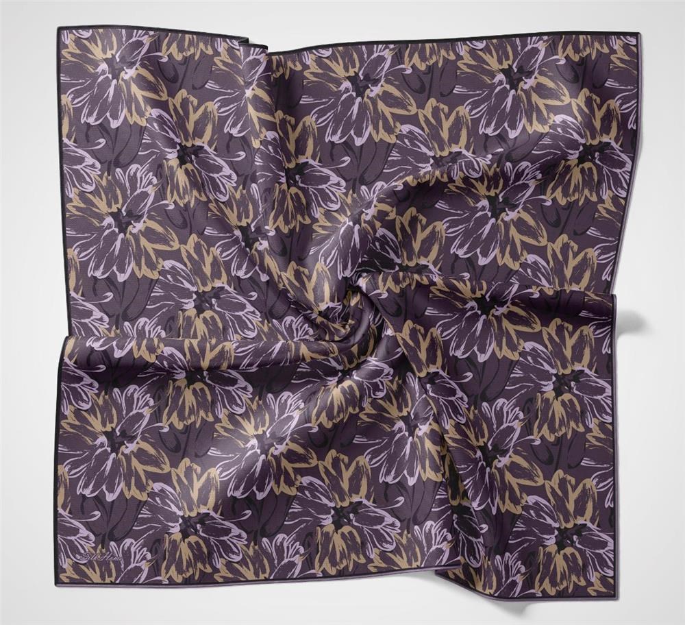 Pamuk Polyester Eşarp Mor-Lila Gold Botanik Desenli Soft Dokulu Tok Duruşlu 90x90