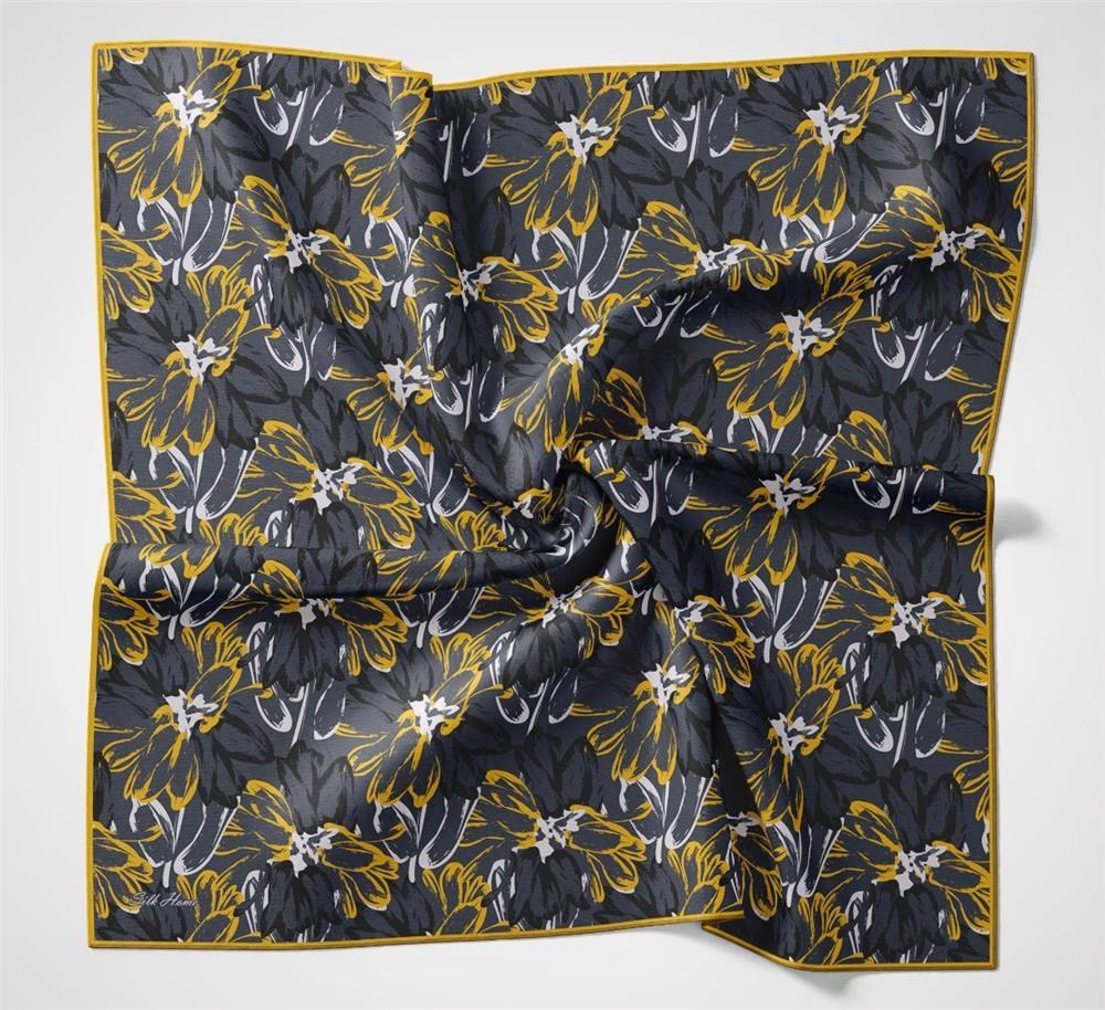 Pamuk Polyester Eşarp Petrol Mavisi Botanik Desenli Soft Dokulu Kaymaz 90x90