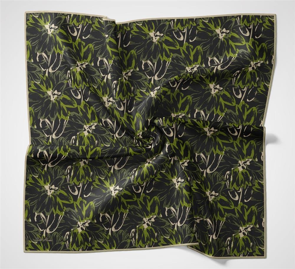 Pamuk Polyester Eşarp Siyah-Haki Yeşil Bej Botanik Desenli Soft Dokulu Tok Duruşlu 90x90
