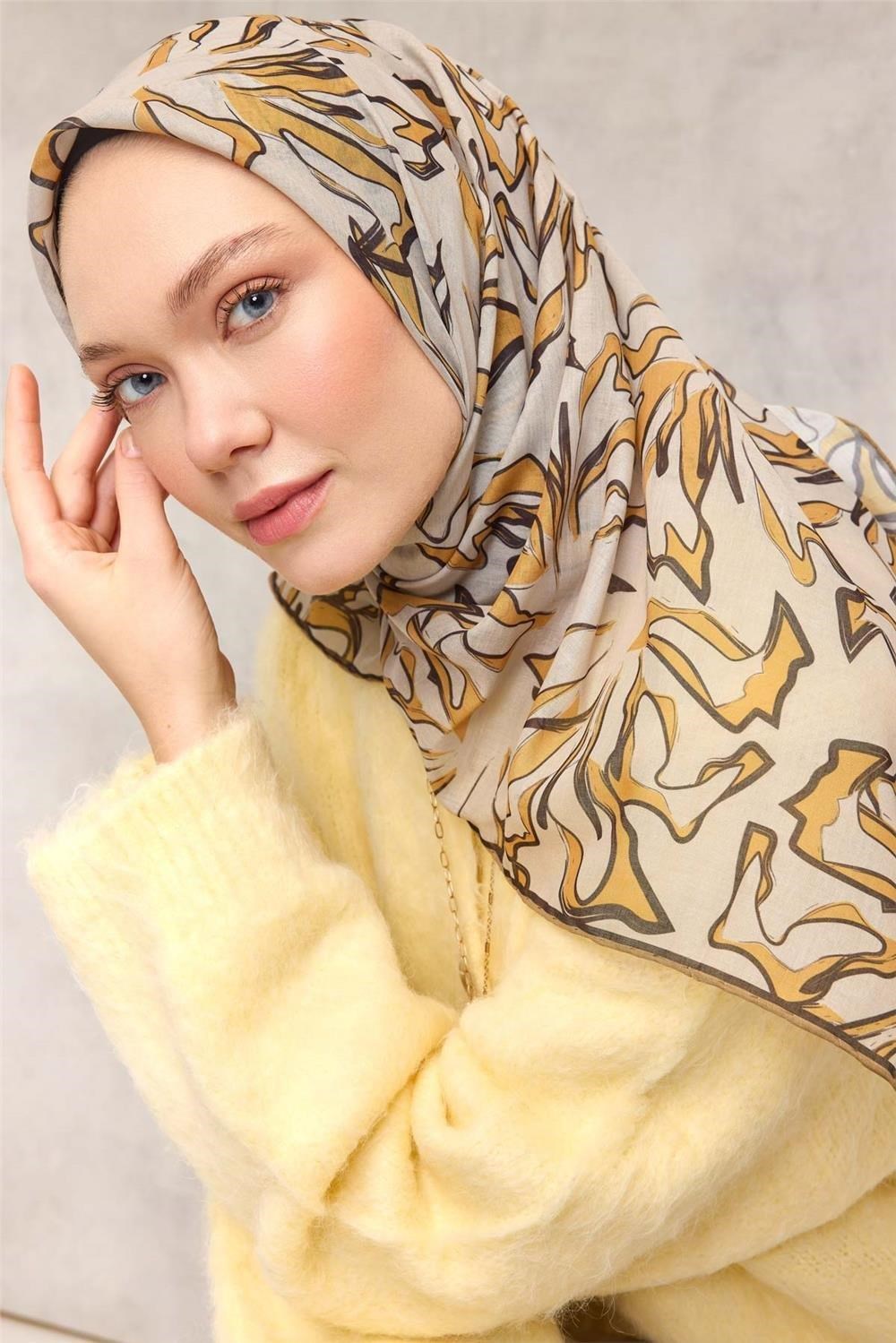 Pamuk Polyester Soft Eşarp Bej Soyut Desenli Tok Duruşlu 90x90