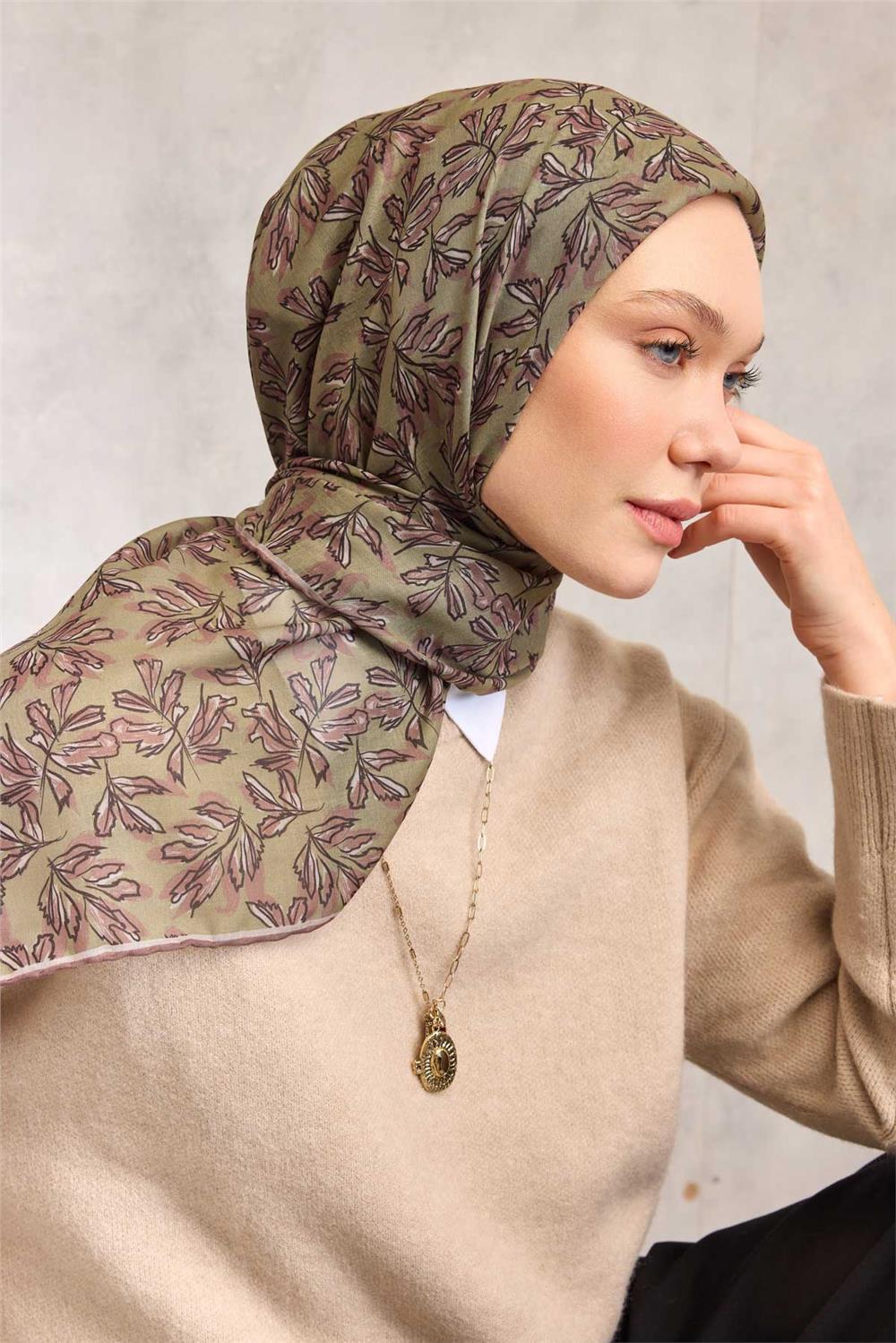 Pamuk Polyester Soft Eşarp Çiçek Desen Asker Yeşili 90*90