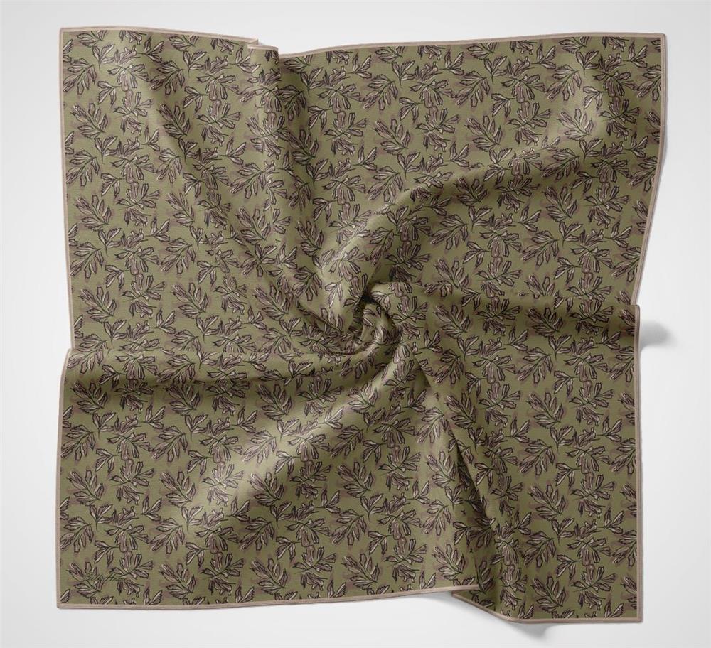 Pamuk Polyester Soft Eşarp Çiçek Desen Asker Yeşili 90*90