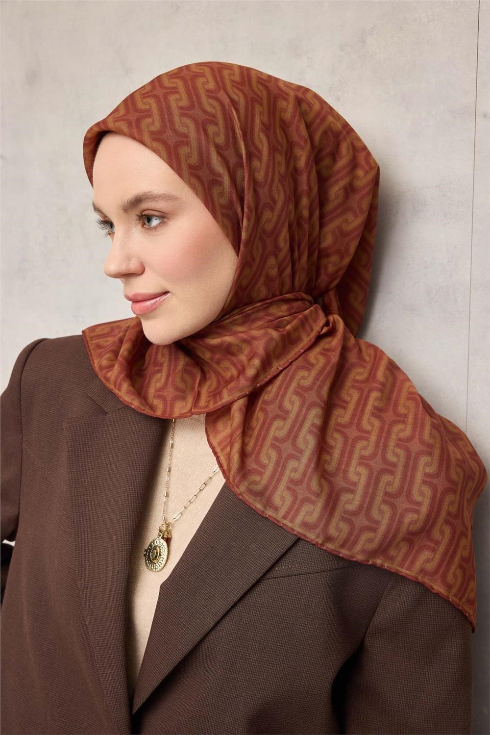 Pamuk Polyester Soft Eşarp Geometrik Desen Tarçın 90x90