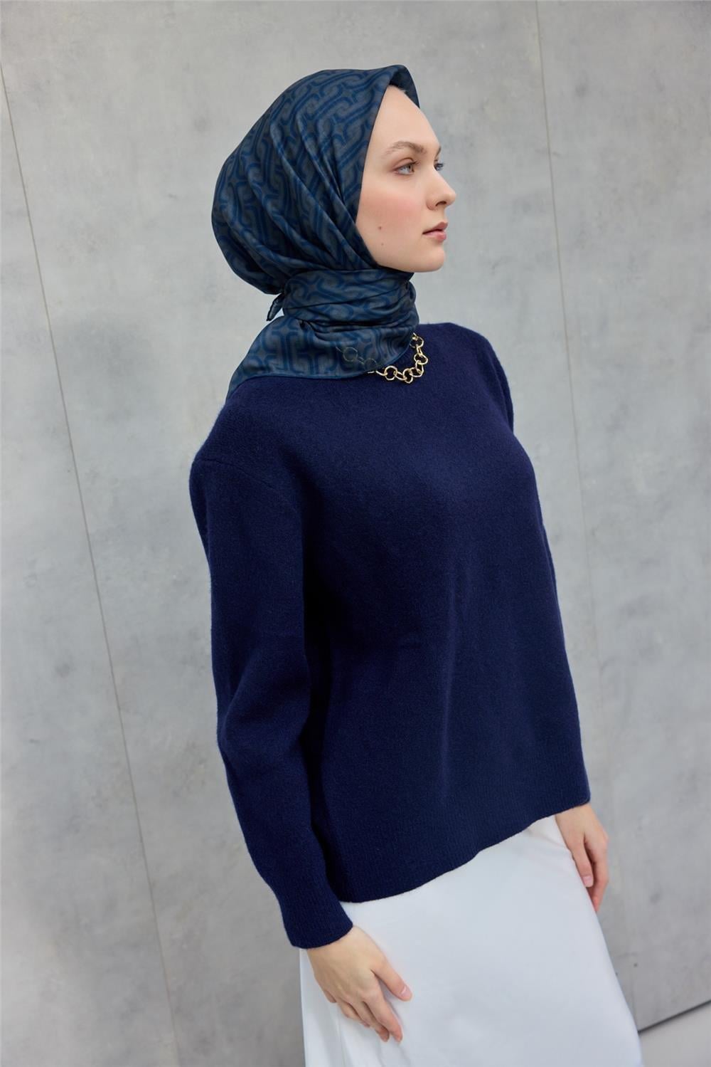 Pamuk Polyester Soft Eşarp Geometrik Desen Indigo 90x90