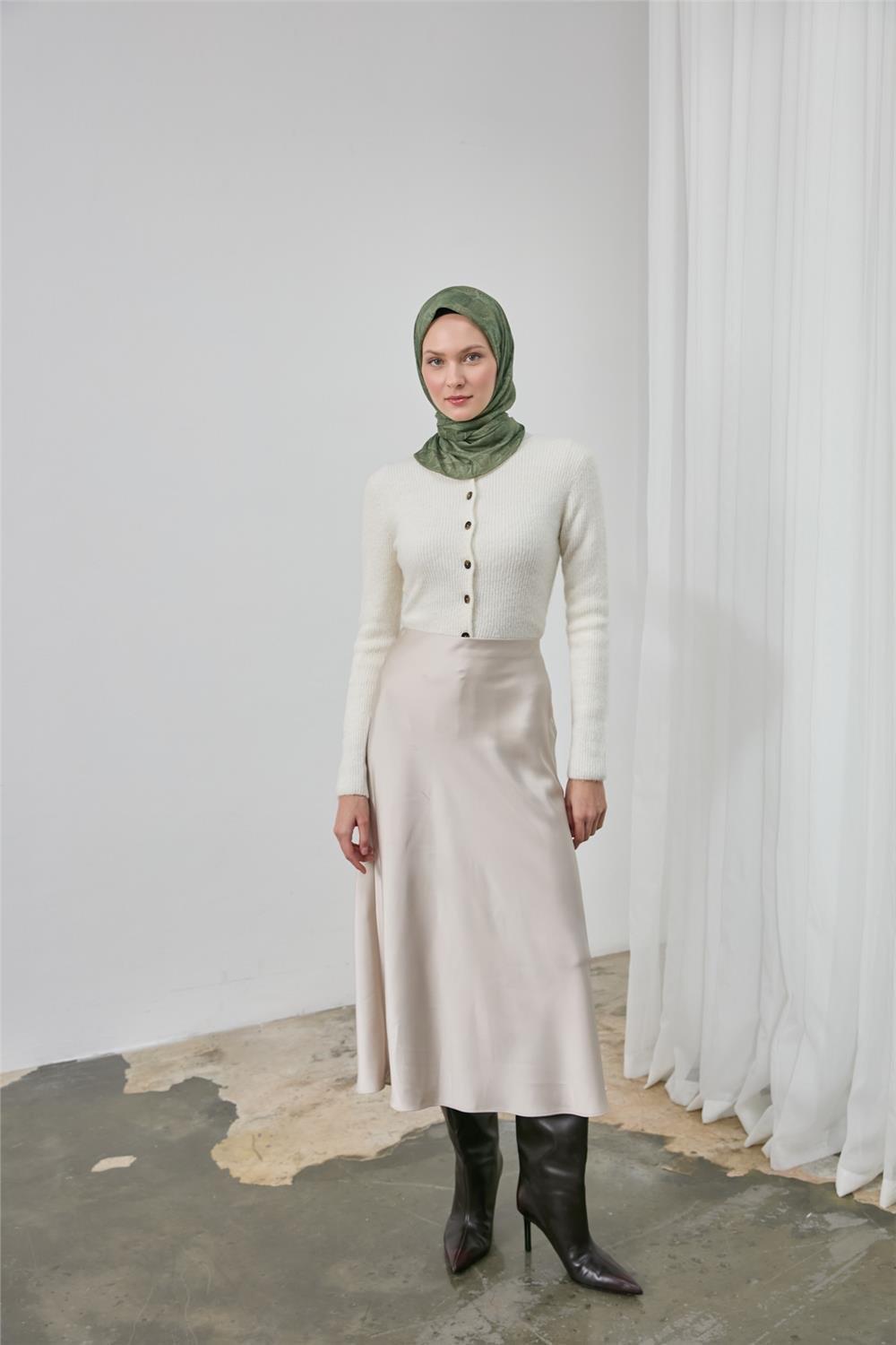 Pamuk Polyester Soft Eşarp Haki Yaprak Desen 90*90