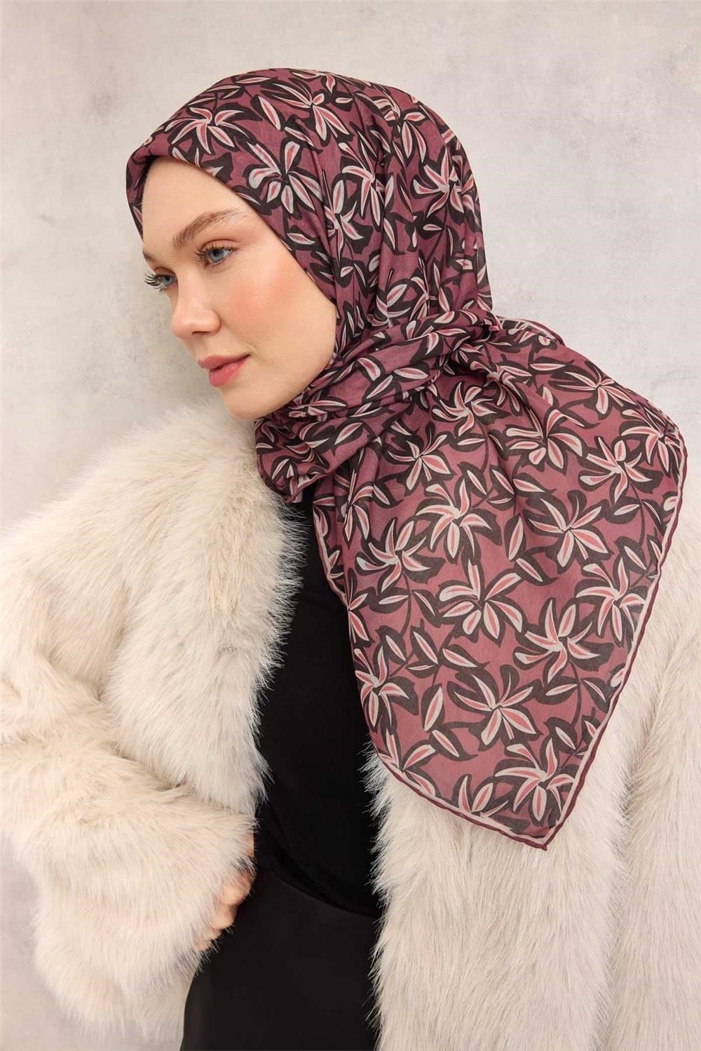 Pamuk Polyester Soft Eşarp Kiremit-Mürdüm Flora Desenli Kaymaz Dokulu 90x90