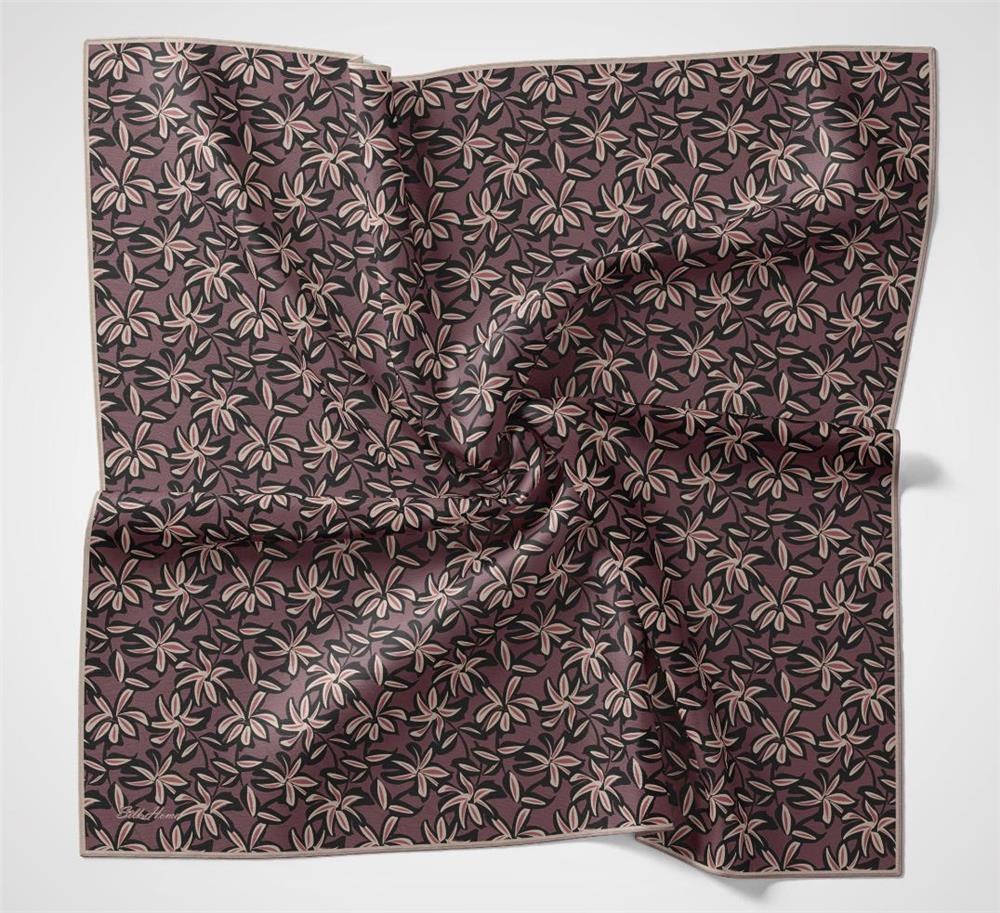 Pamuk Polyester Soft Eşarp Kiremit-Mürdüm Flora Desenli Kaymaz Dokulu 90x90