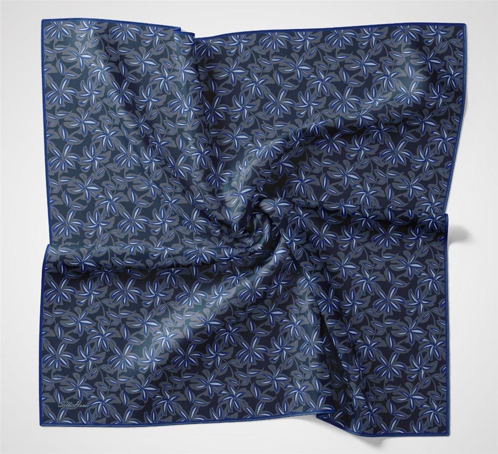 Pamuk Polyester Soft Eşarp Koyu Mavi Flora Desenli Kaymaz Dokulu 90x90