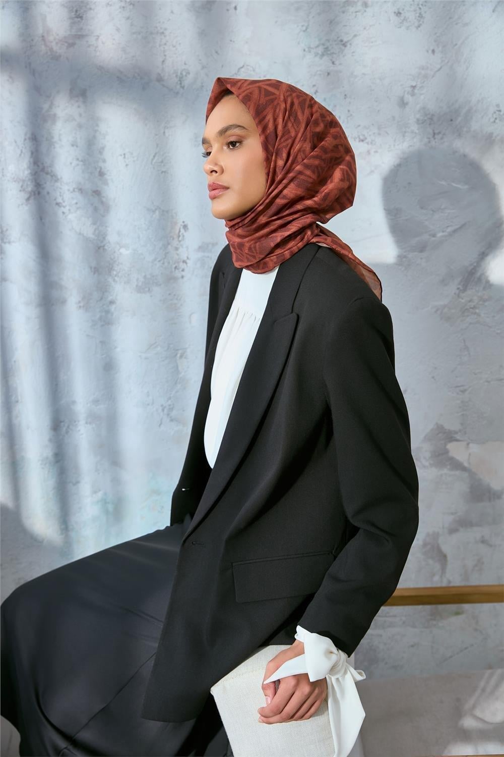 Pamuk Polyester Soft Eşarp Taba Geometrik Desen 90*90