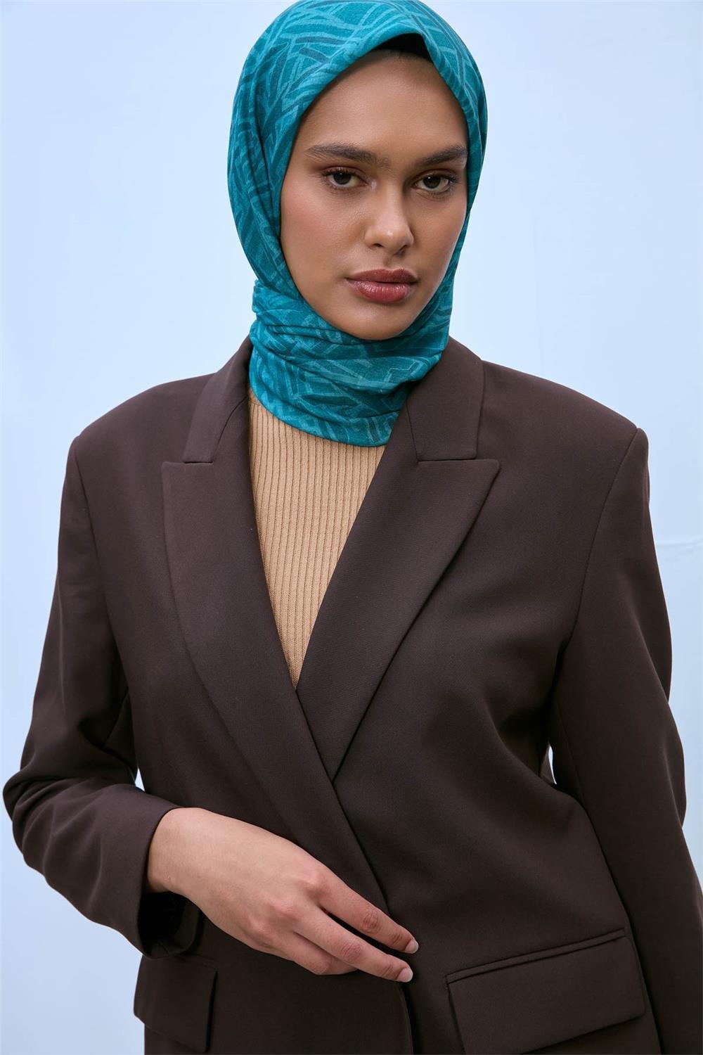 Pamuk Polyester Soft Eşarp Turkuaz Geometrik Desen 90*90