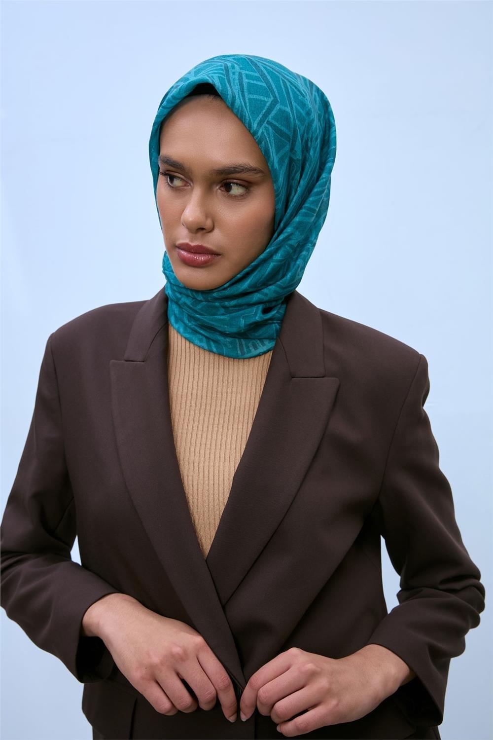 Pamuk Polyester Soft Eşarp Turkuaz Geometrik Desen 90*90