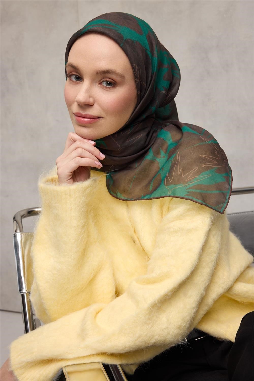 Pamuk Polyester Soft Eşarp Yaprak Desen Acı Kahve 90x90