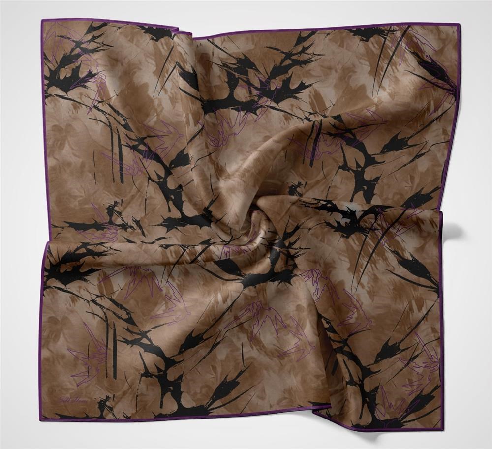 Pamuk Polyester Soft Eşarp Yaprak Desen Mor 90x90