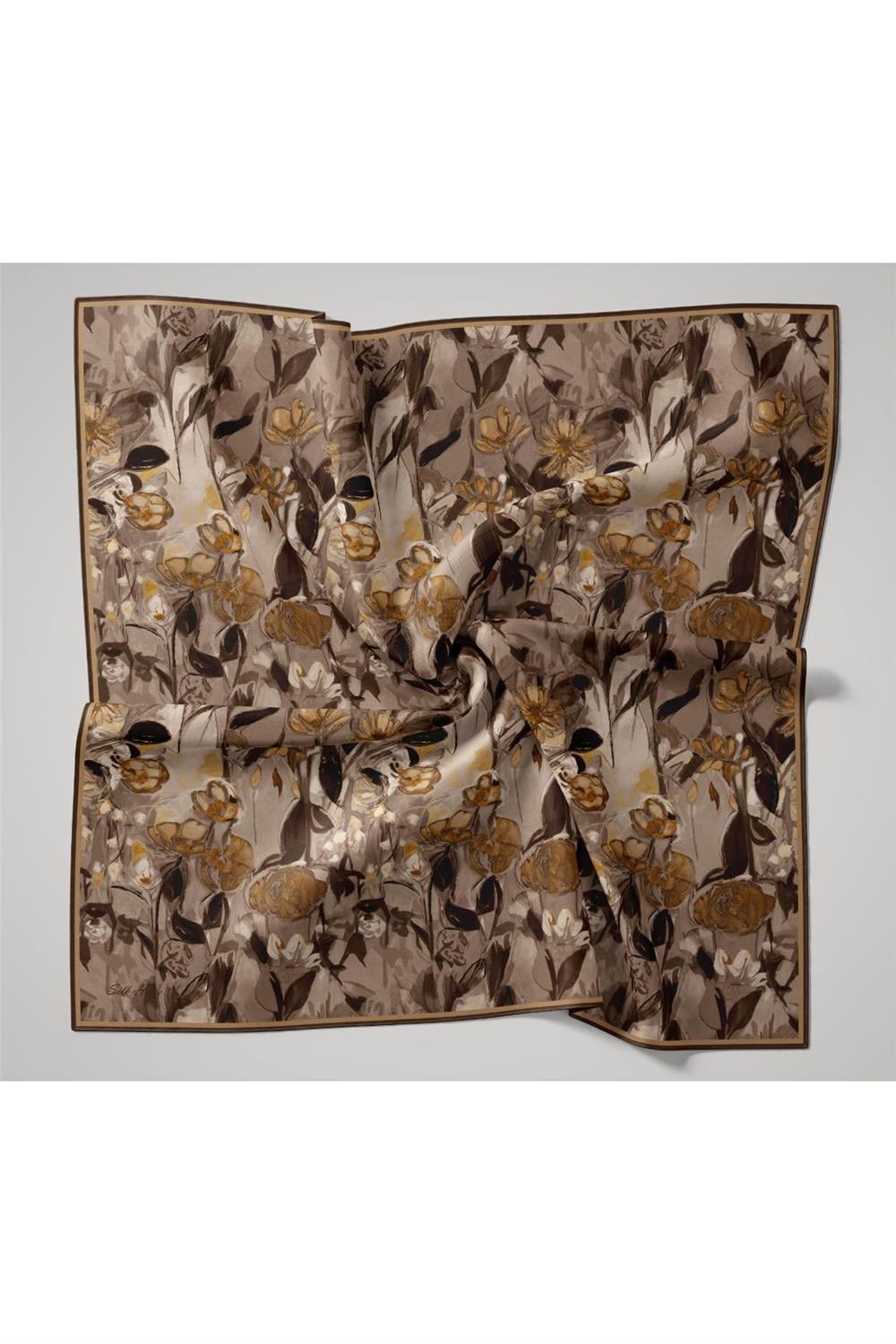 Pamuklu Soft Eşarp Acı Kahve-Siyah-Taba-Vizon Desenli Kaymaz Dokulu 90x90
