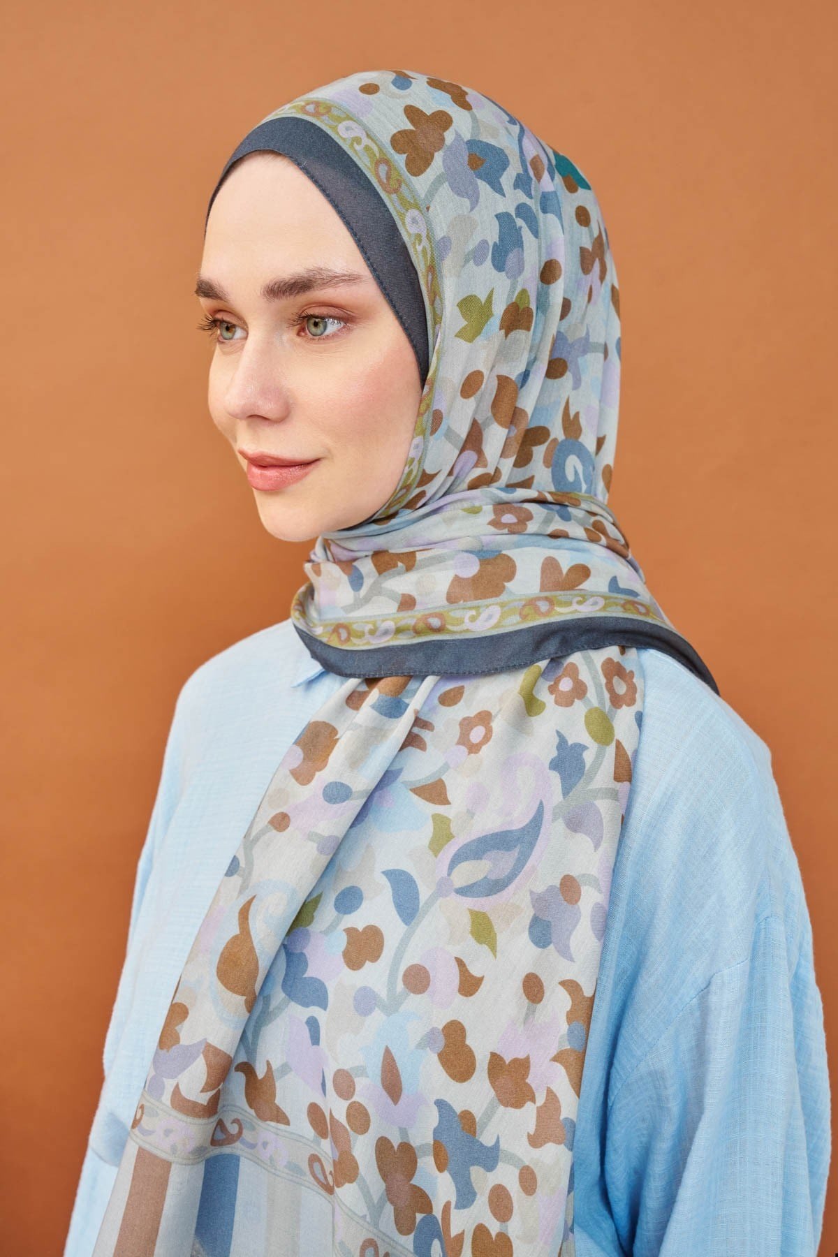 Riva Şal Tencel Botanical Floral Buz Mavisi
