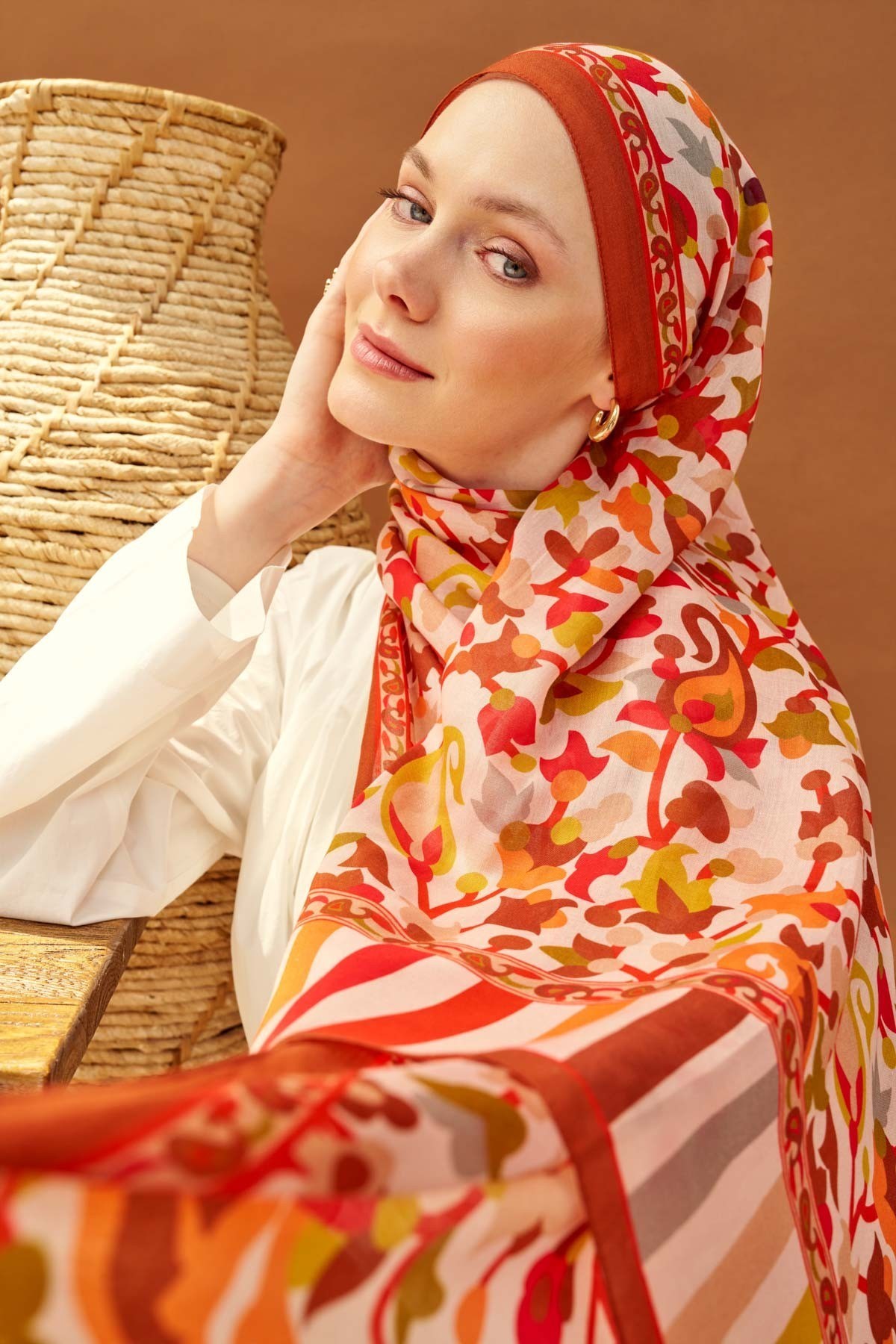 Riva Şal Tencel Botanical Floral Koyu Turuncu
