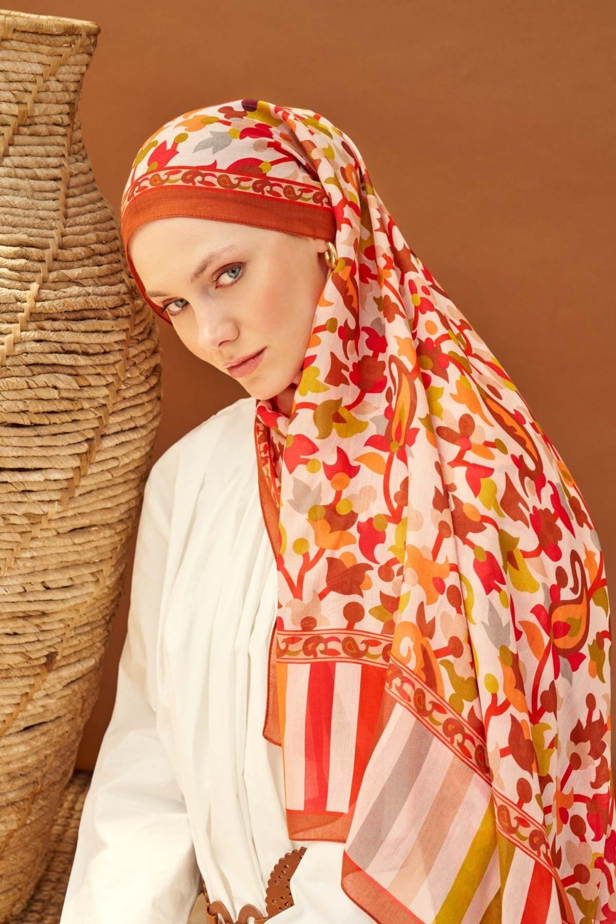 Riva Şal Tencel Botanical Floral Koyu Turuncu