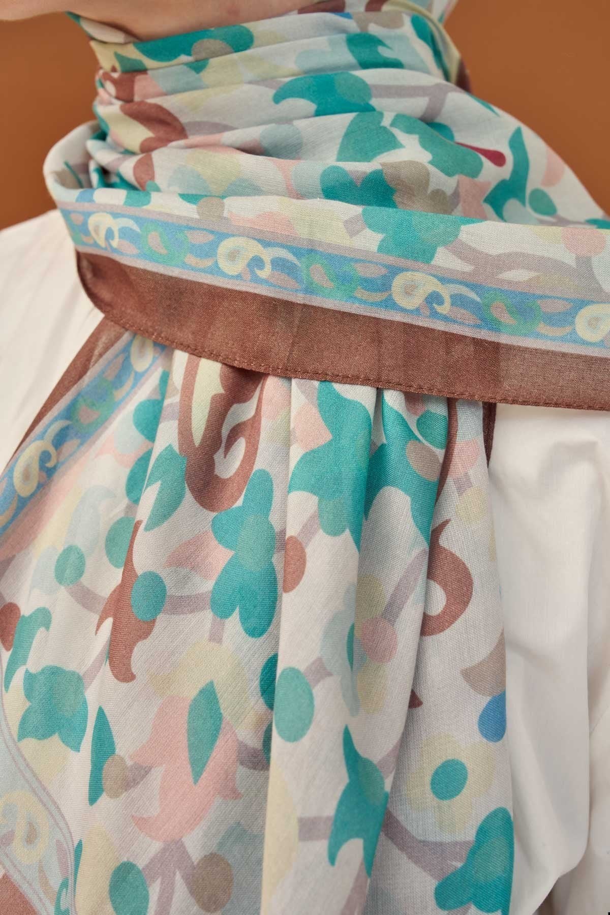 Riva Şal Tencel Botanical Floral Turkuaz
