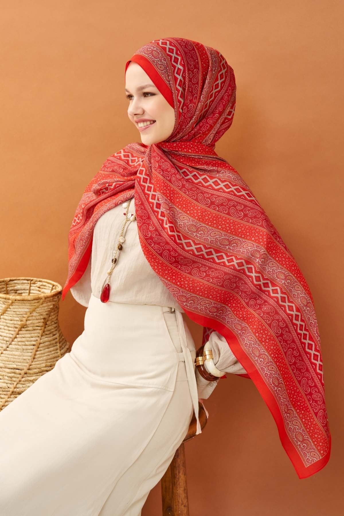 Riva Şal Tencel Ethnic Way Kırmızı