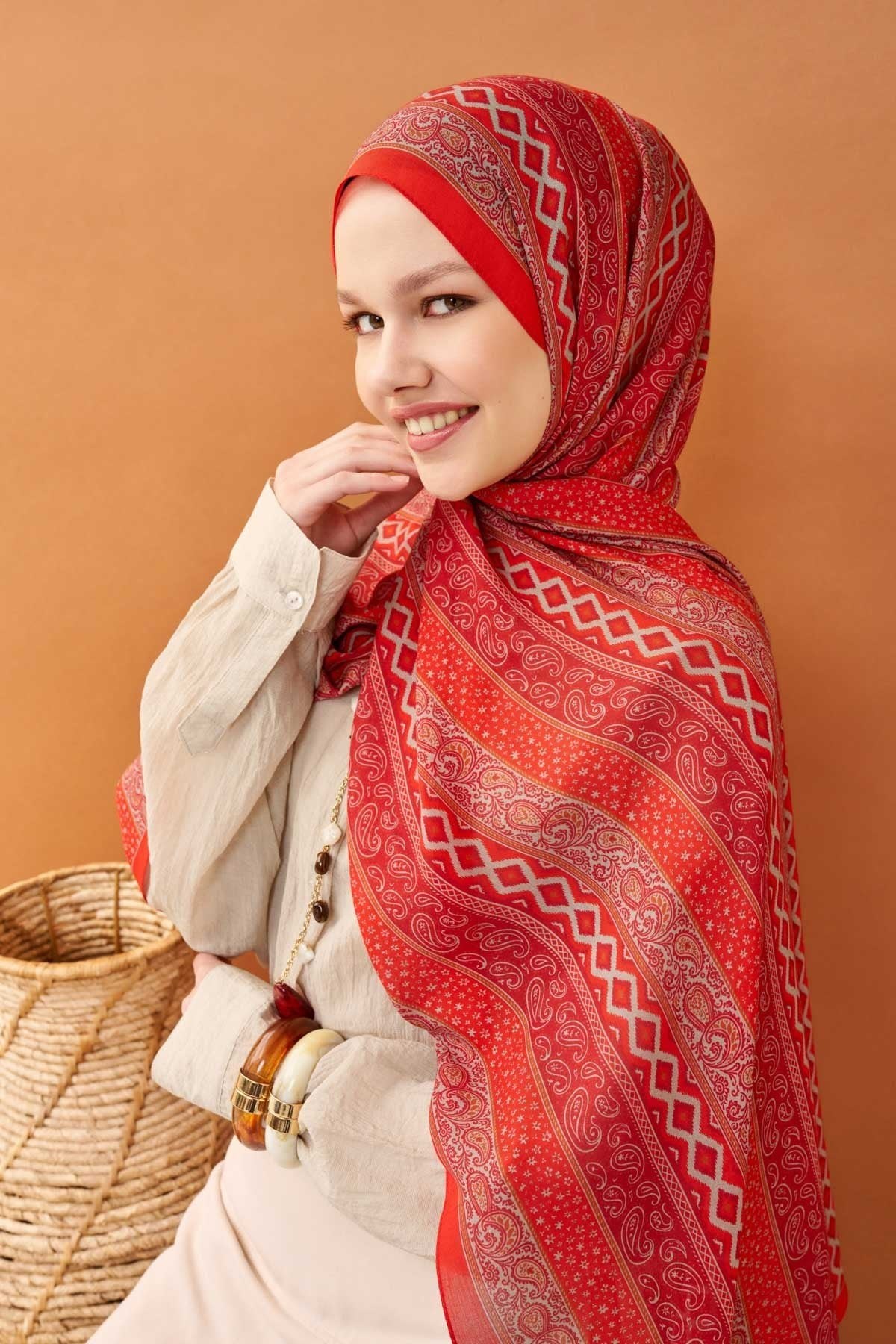 Riva Şal Tencel Ethnic Way Kırmızı