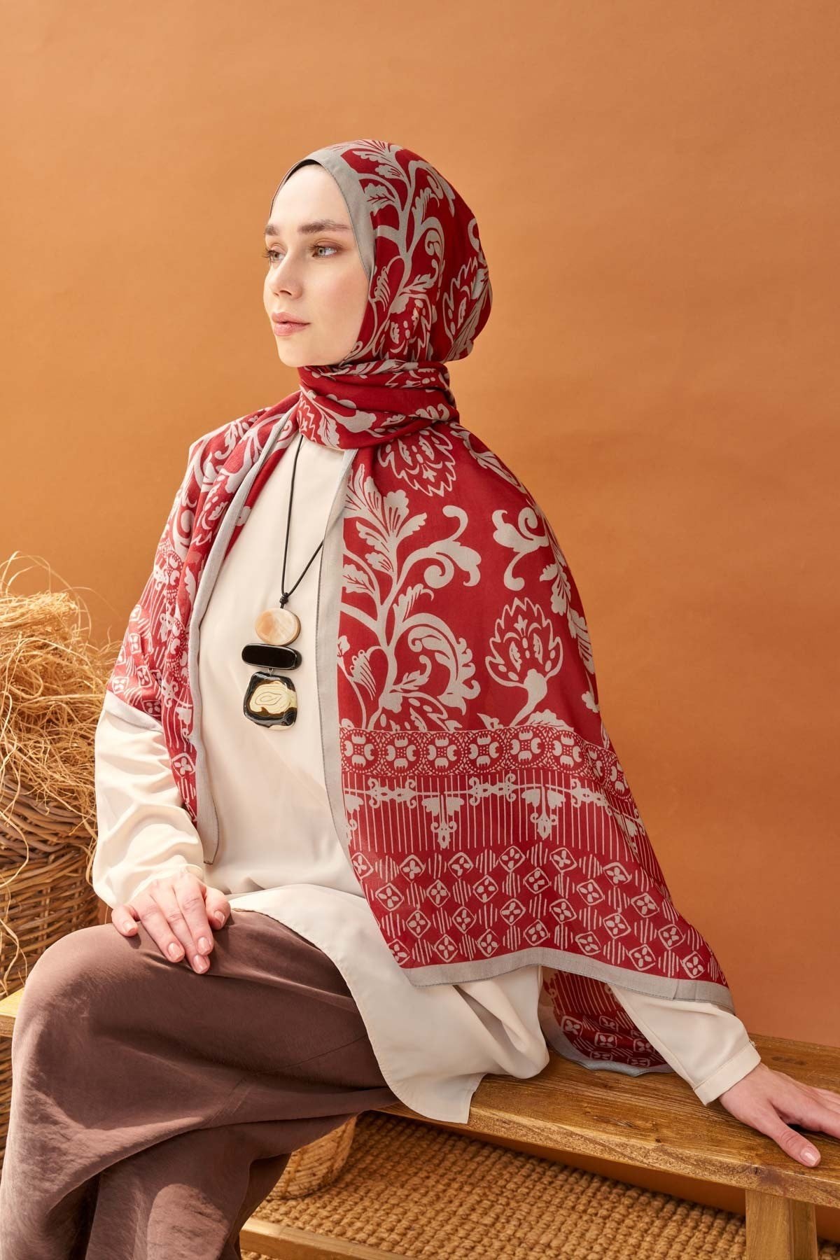 Riva Şal Tencel Floral Bordo
