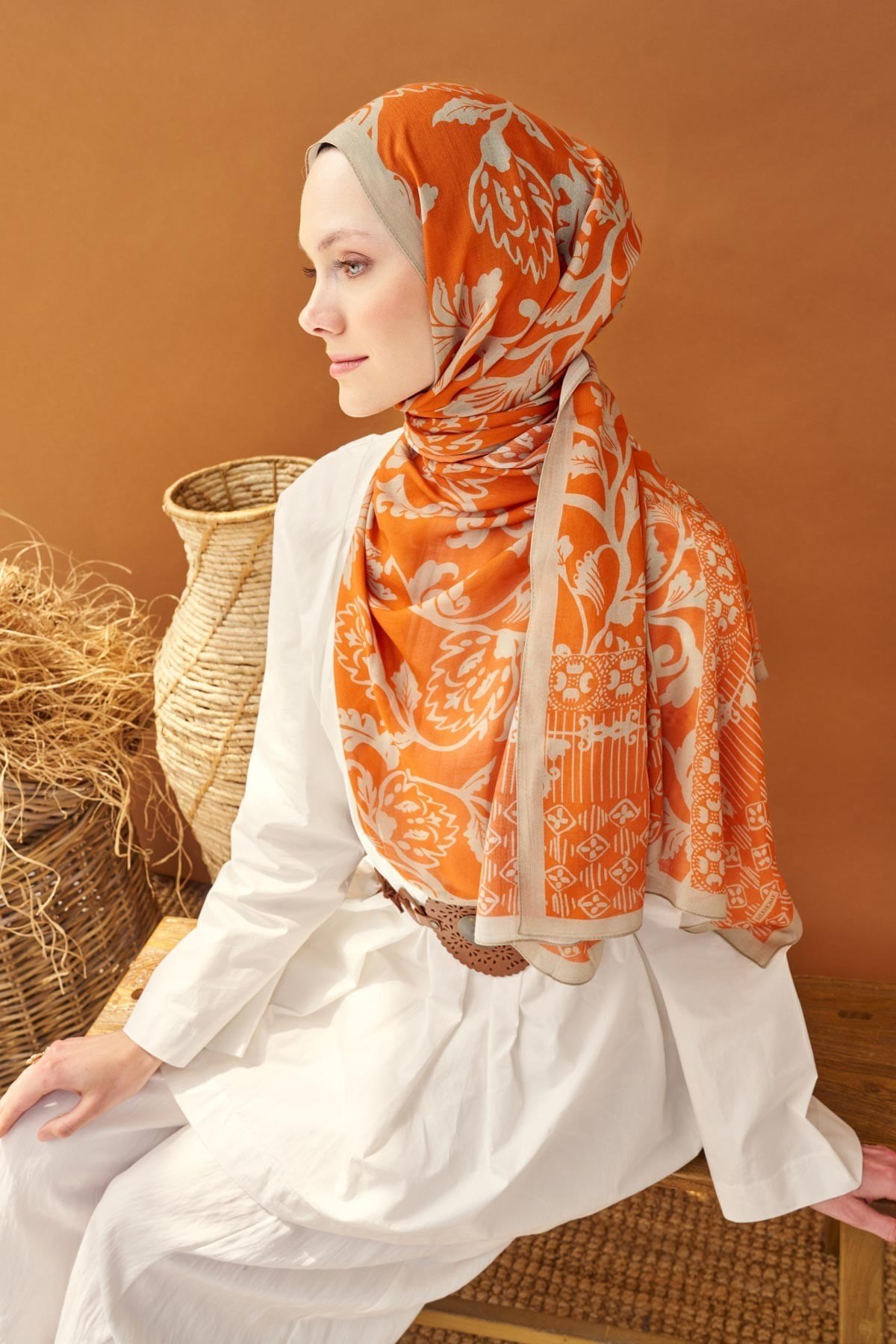 Riva Şal Tencel Floral Turuncu