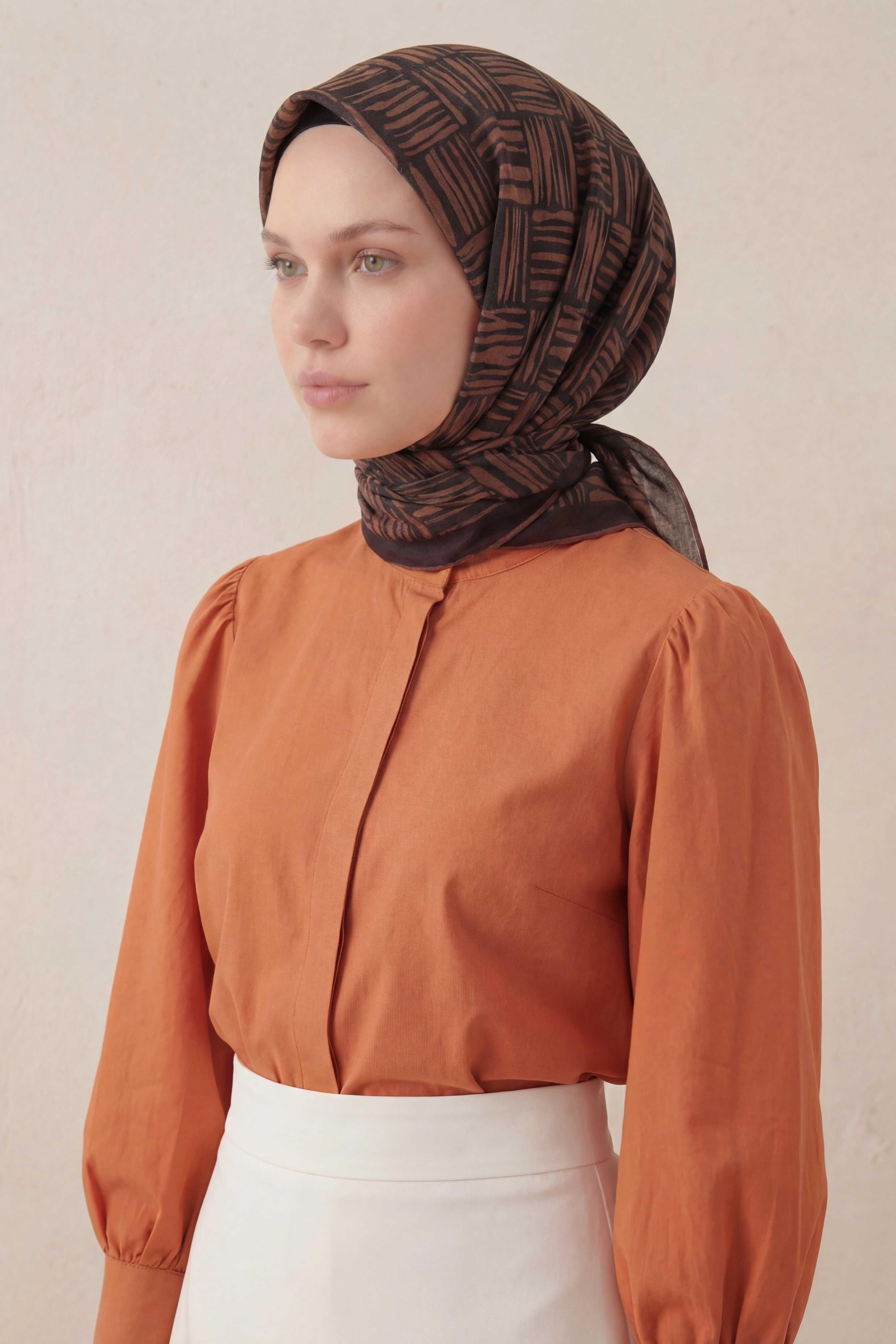Pamuk Karışımlı Soft Eşarp Çizgi Desen Taba 90x90