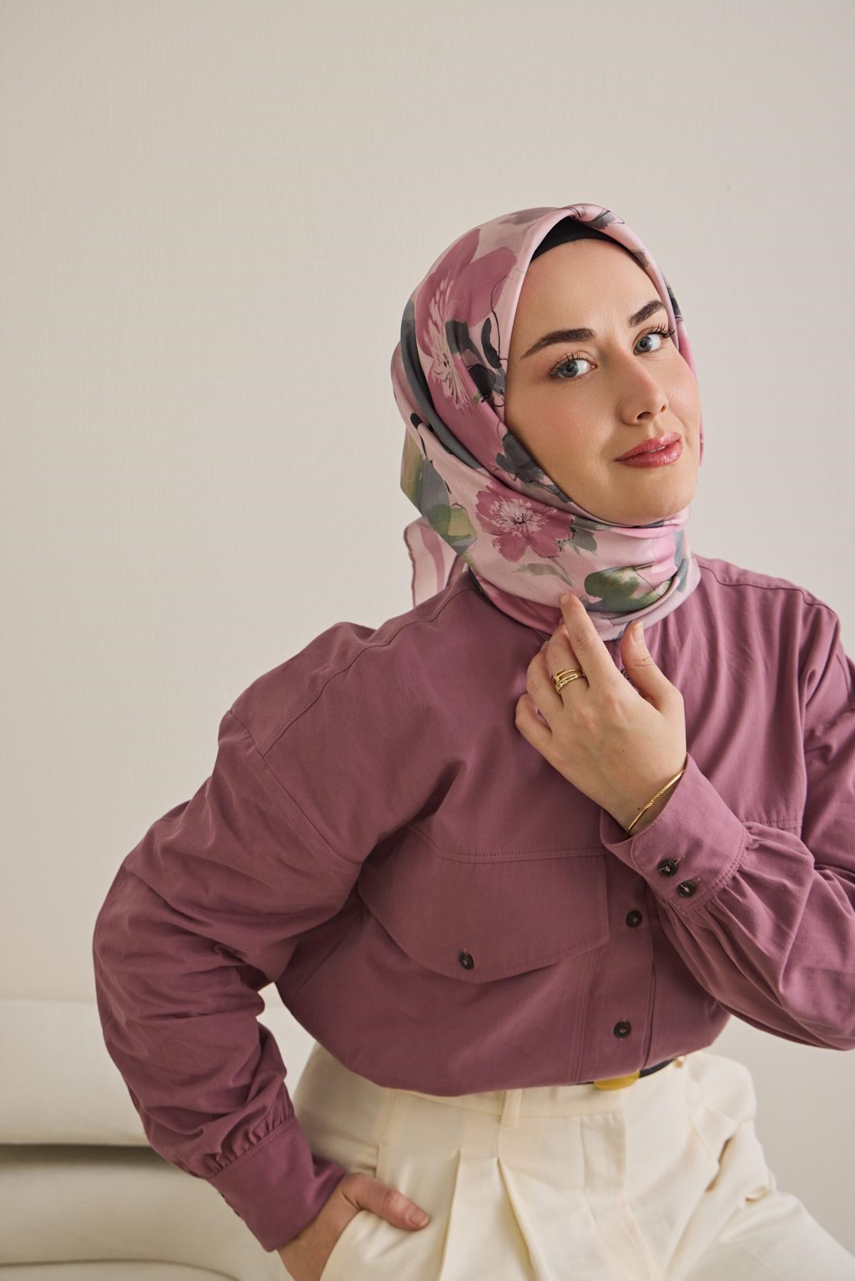 Twill İpek Eşarp Çiçek Desen Açık Pembe 90x90