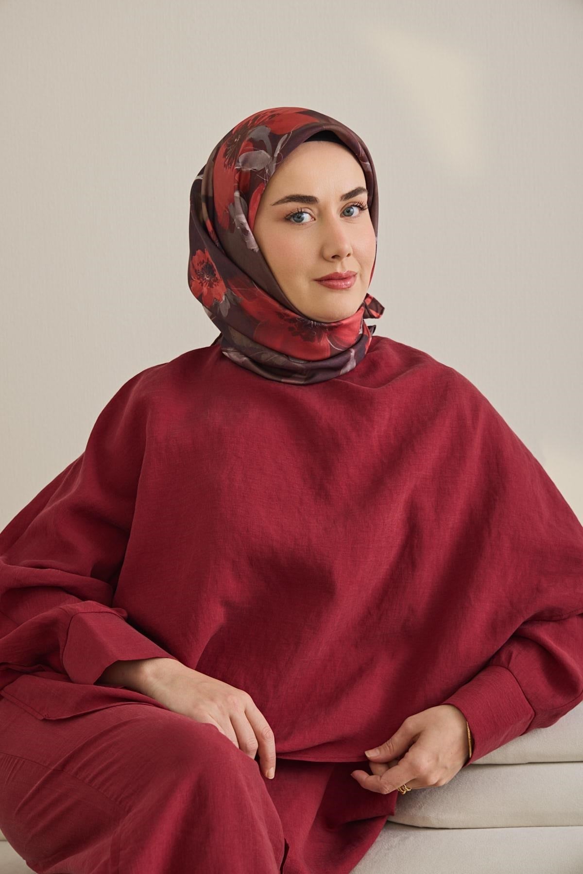 Twill İpek Eşarp Çiçek Desen Kahve Bordo 90x90