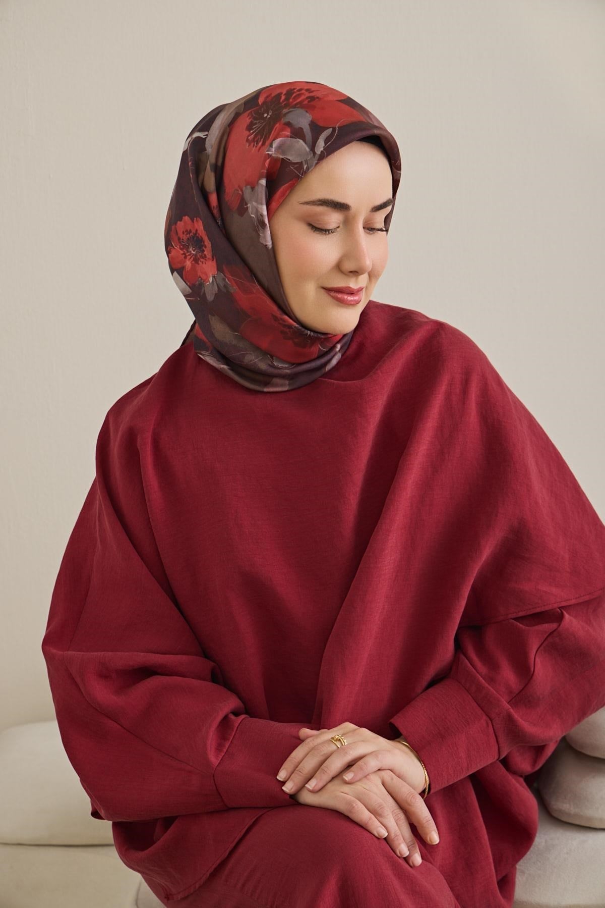 Twill İpek Eşarp Çiçek Desen Kahve Bordo 90x90