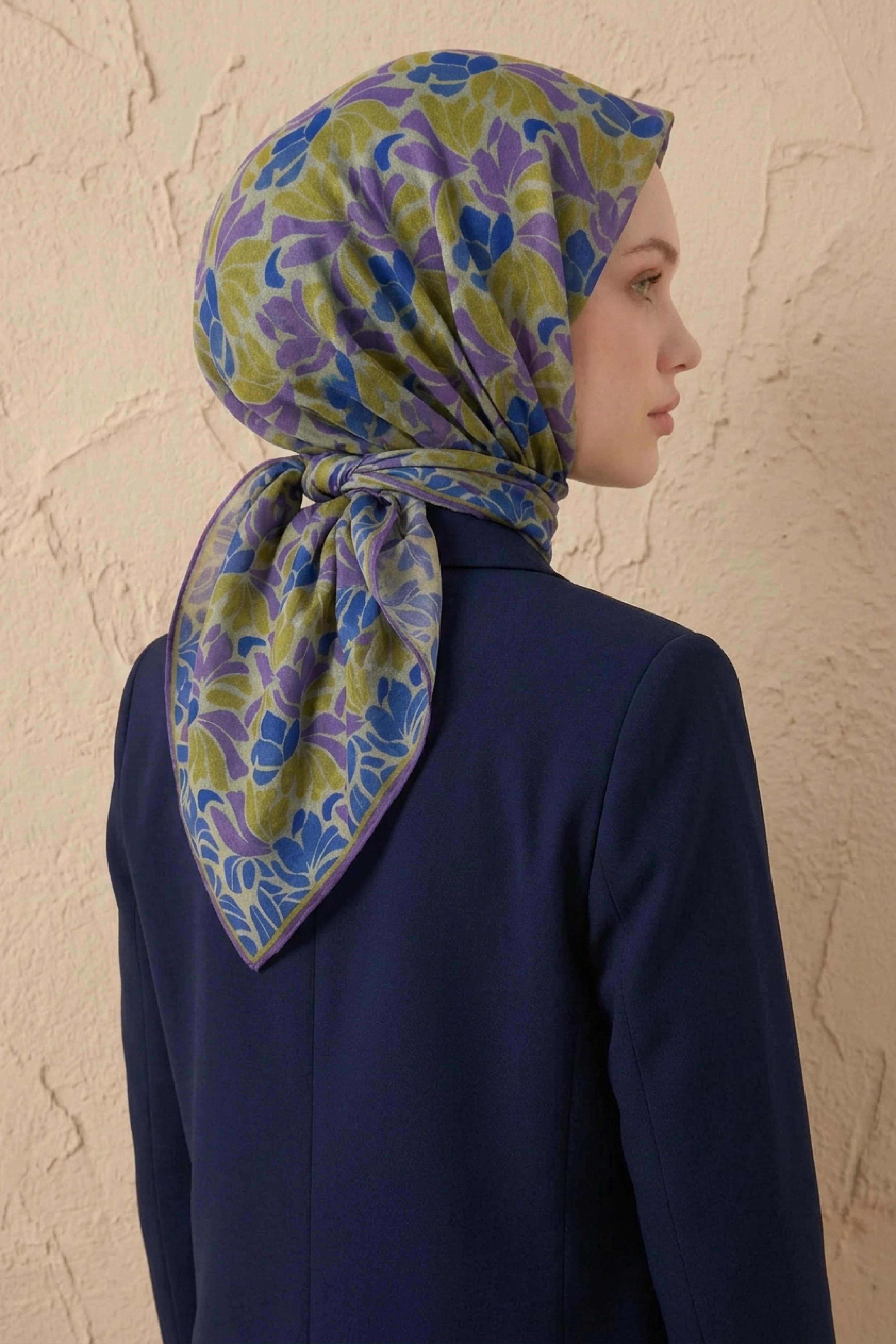 Soft Eşarp Floral Line Mavi Mor 90x90