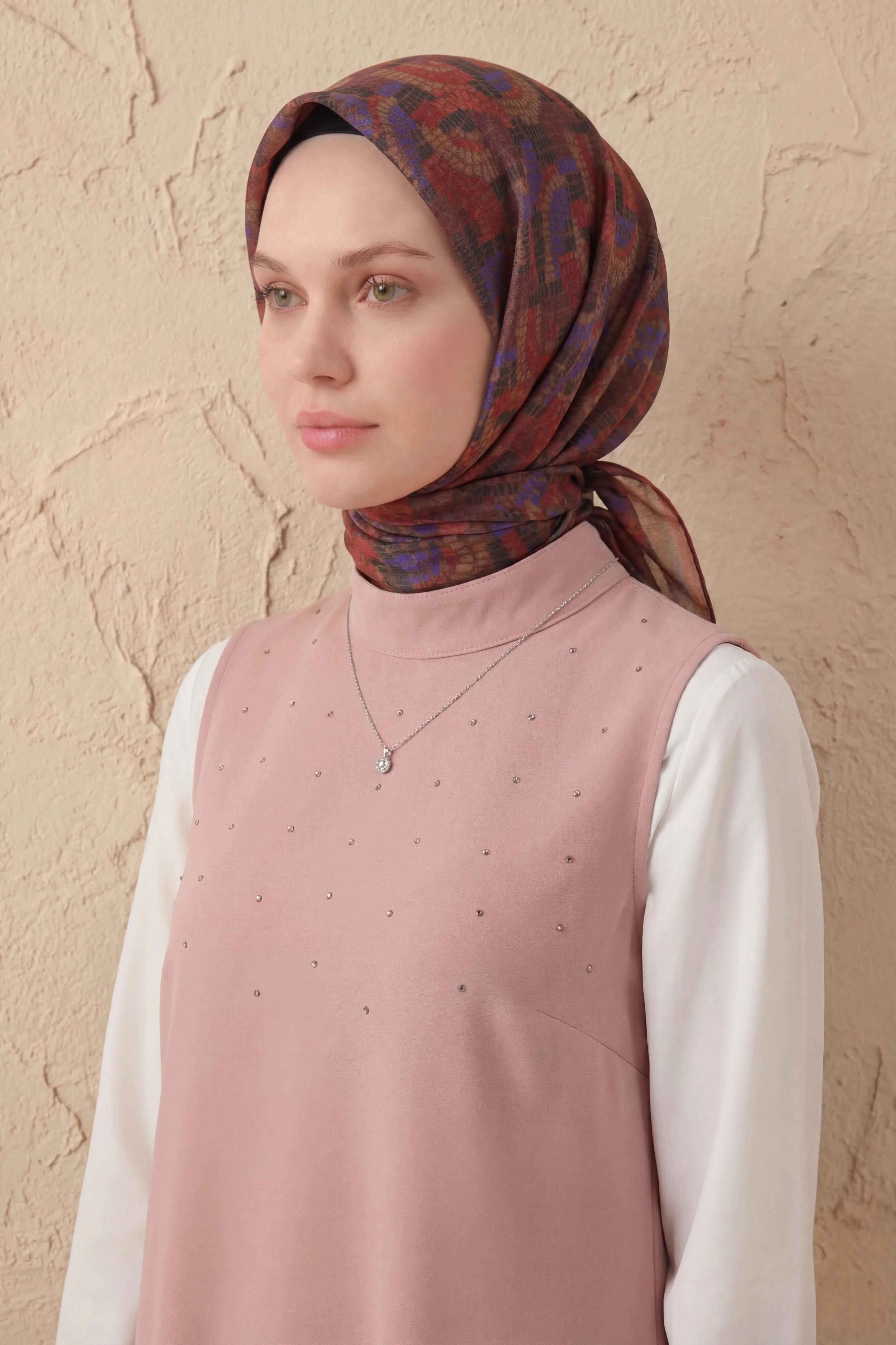 Soft Eşarp Melodi Desen Açık Kahverengi 90x90