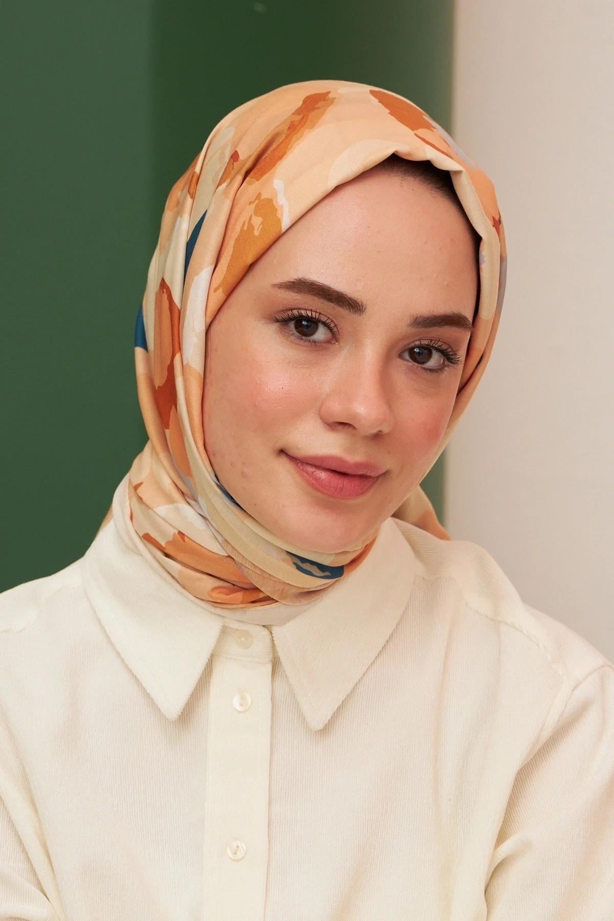 Sulu Boya Desenli Pamuk Şal Somon