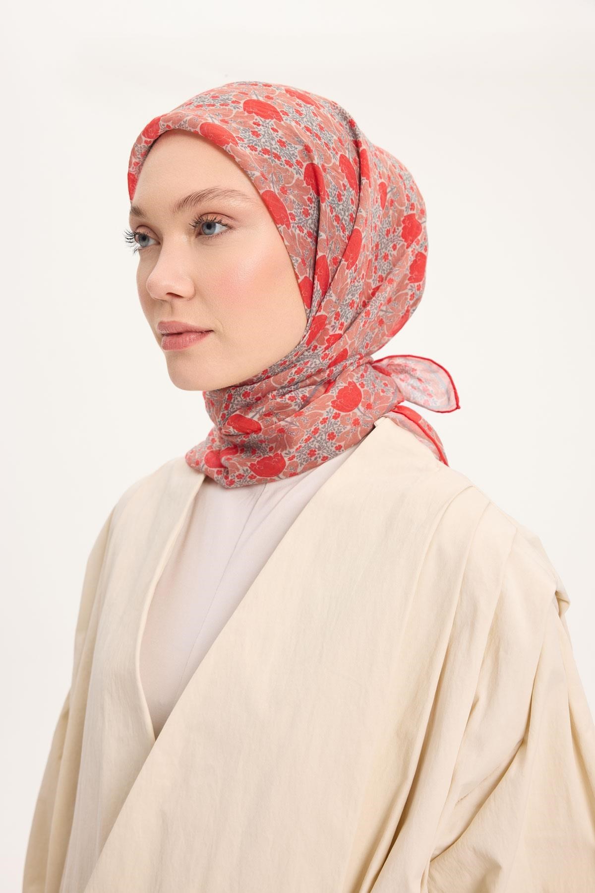 Tencel Monare Eşarp Bahar Desen Canlı Kırmızı 90X90