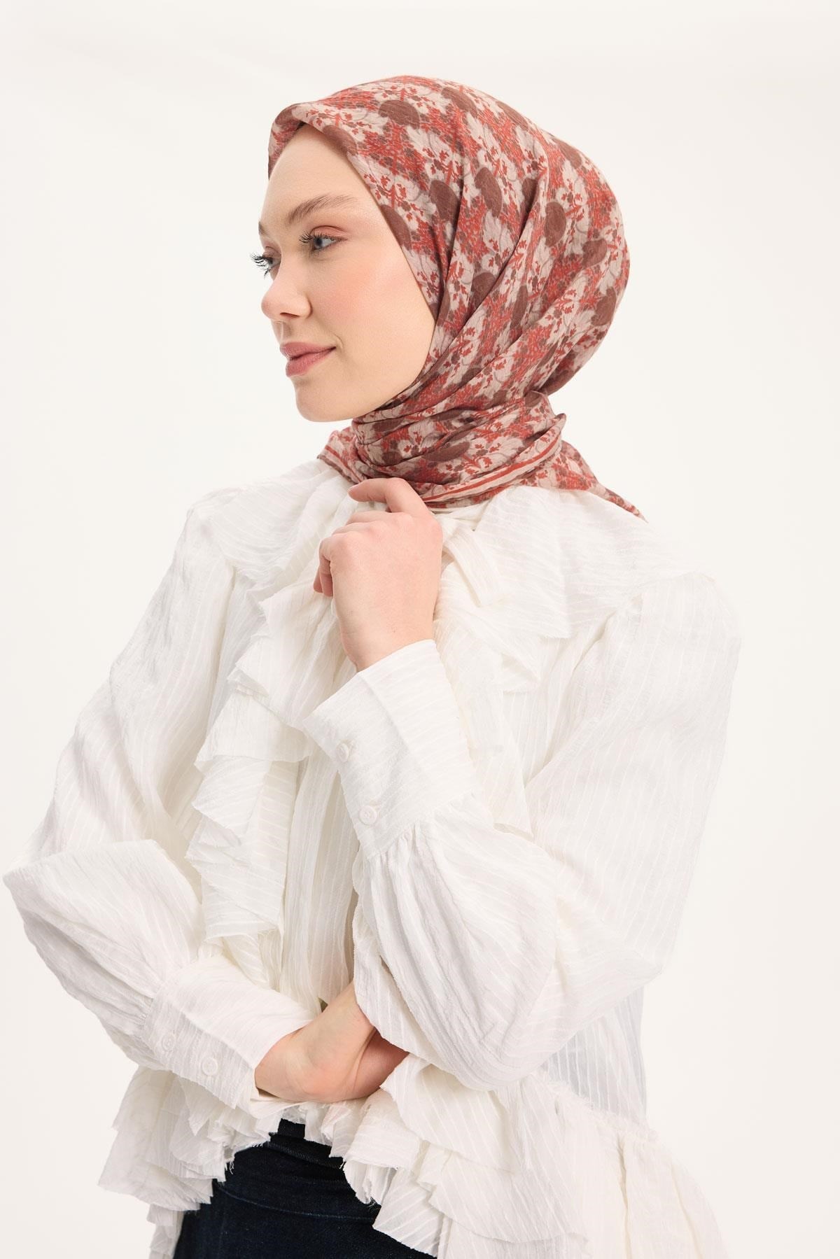 Tencel Monare Eşarp Bahar Desen Kahve 90X90