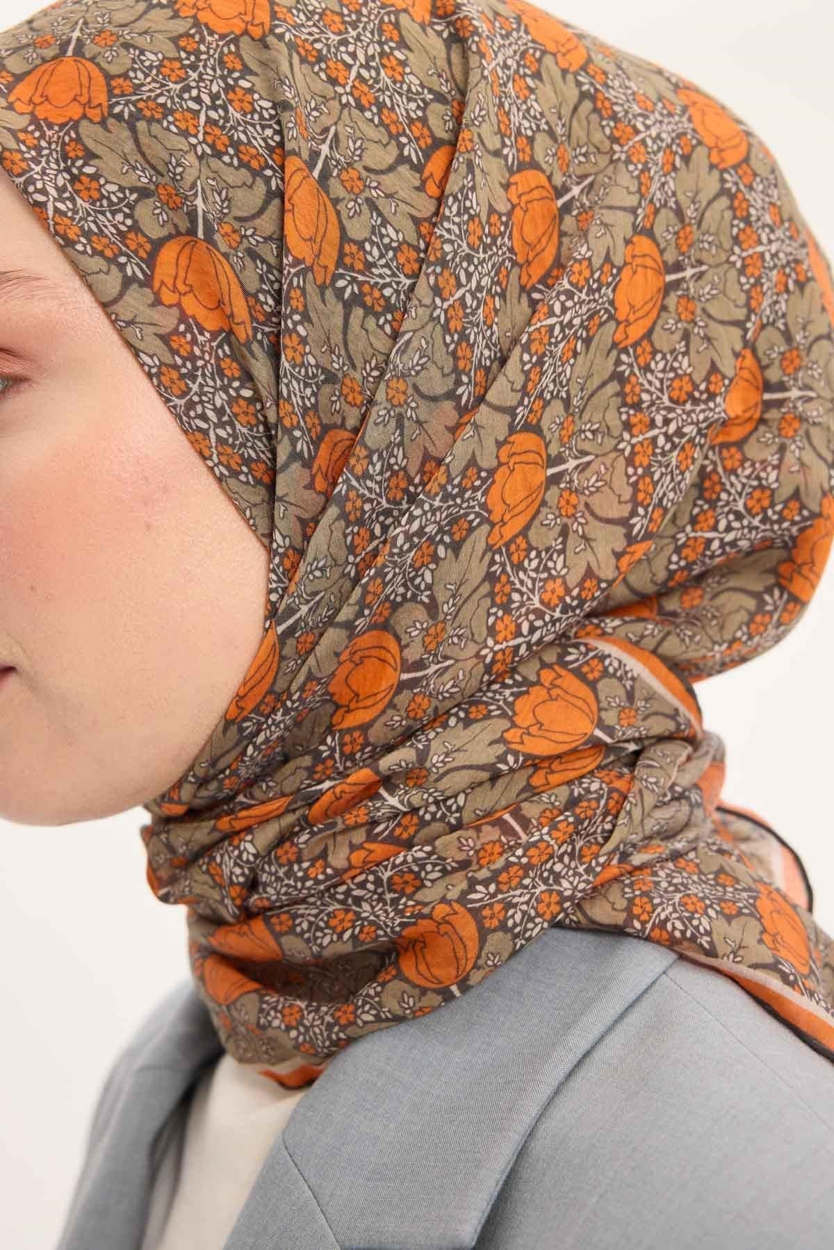 Tencel Monare Eşarp Bahar Desen Turuncu 90X90