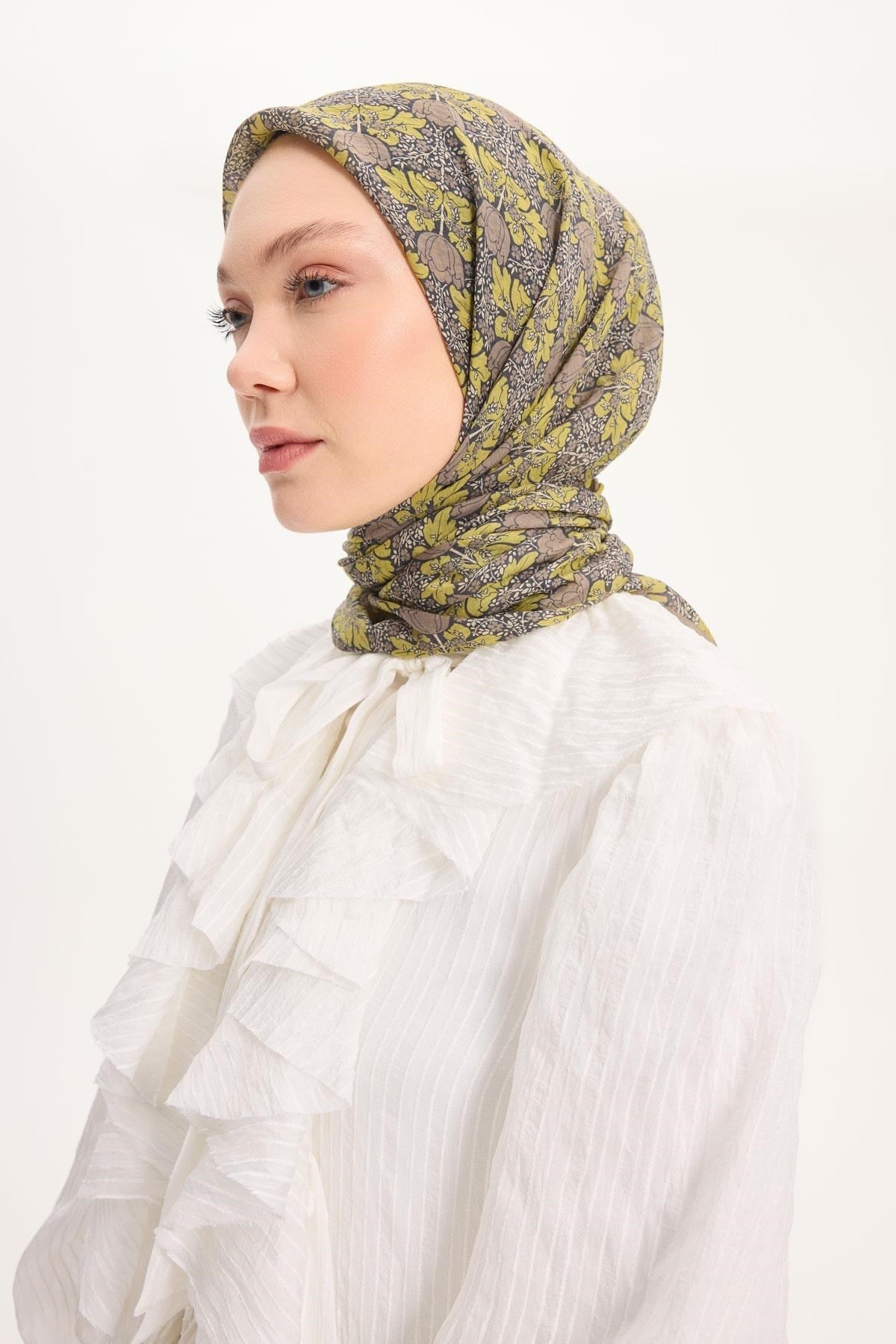 Tencel Monare Eşarp Bahar Desen Yağ Yeşili 90X90