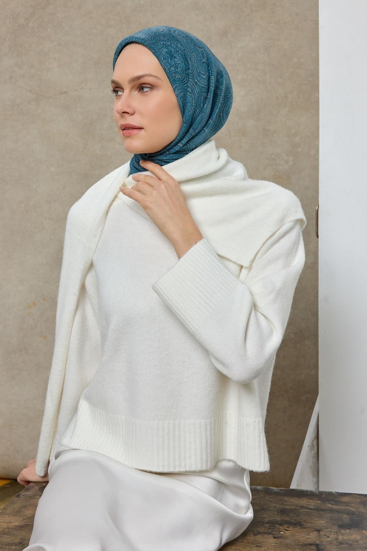 Tencel Monare Eşarp Etnik Desen Mavi 90X90