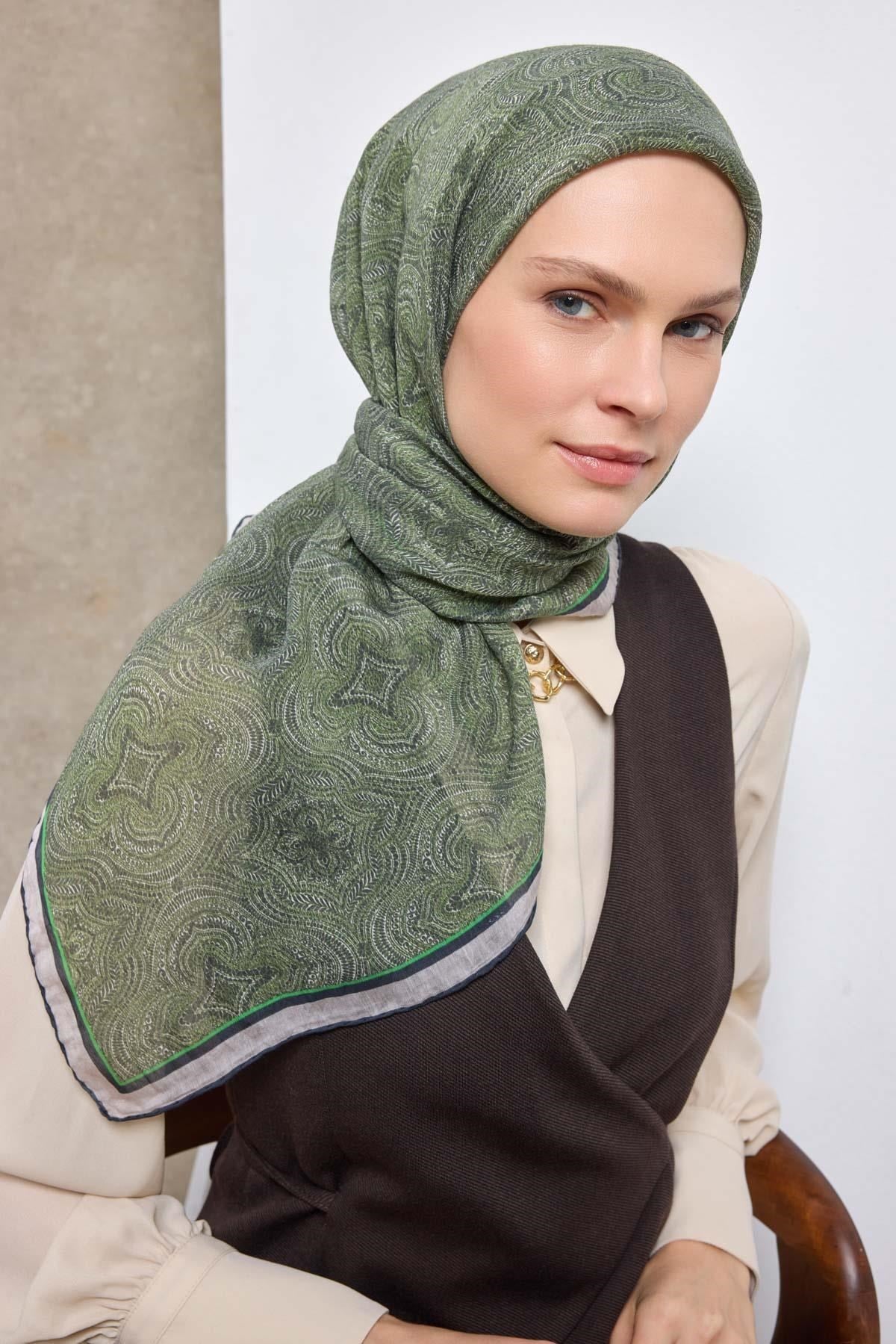 Tencel Monare Eşarp Etnik Desen Yeşil 90X90