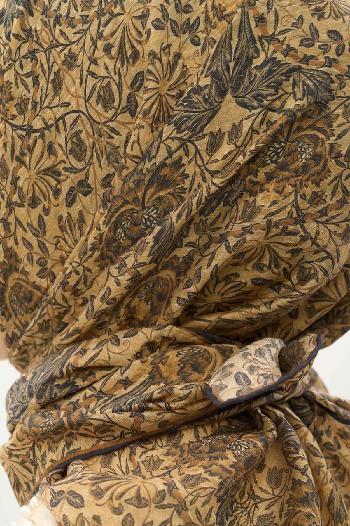 Tencel Monare Eşarp Floral Desen Açık Gold 90X90