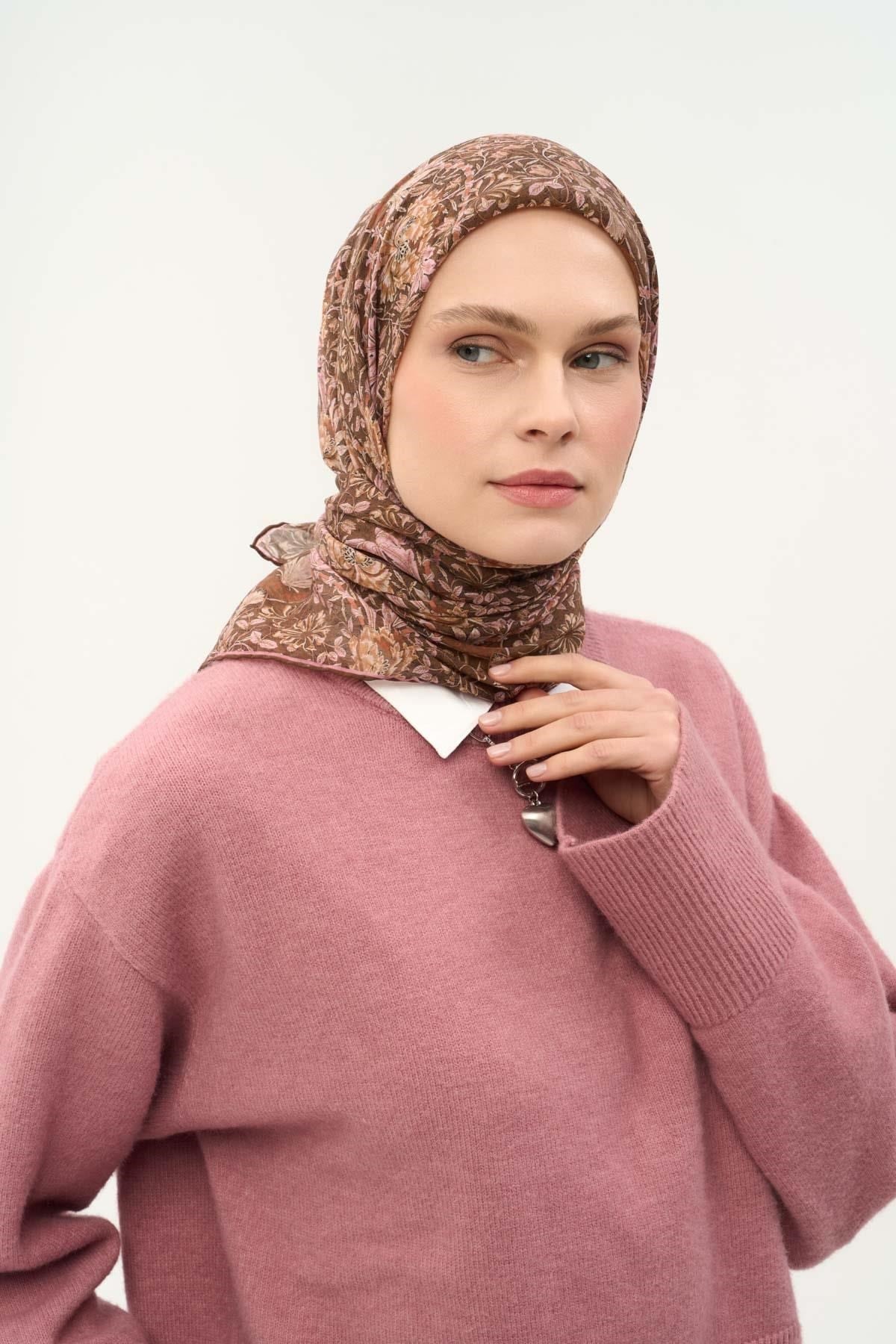 Tencel Monare Eşarp Floral Desen Çikolata Kahve 90X90