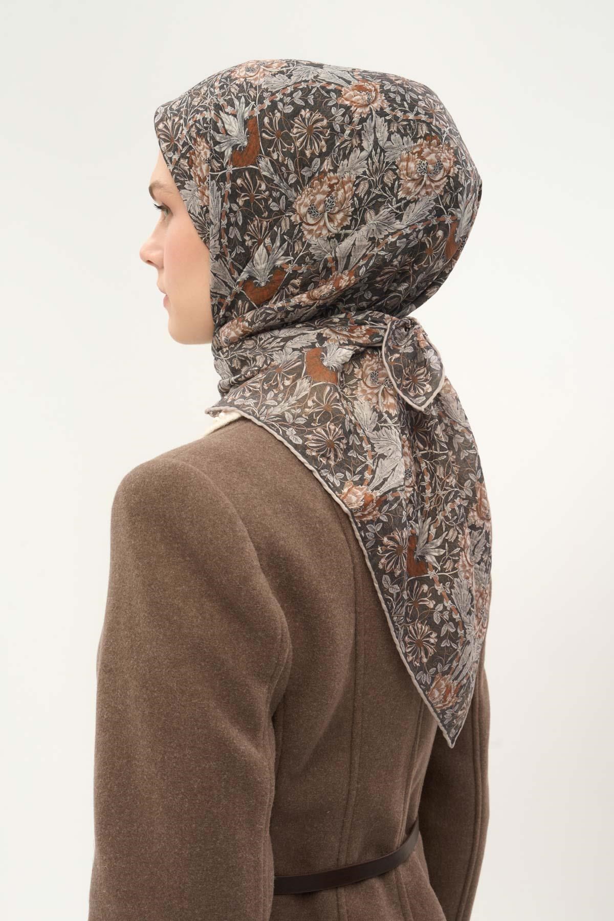 Tencel Monare Eşarp Floral Desen Füme 90X90