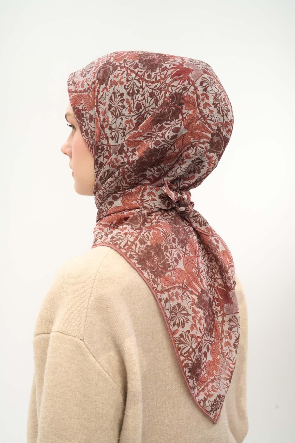 Tencel Monare Eşarp Floral Desen Gümüş 90X90